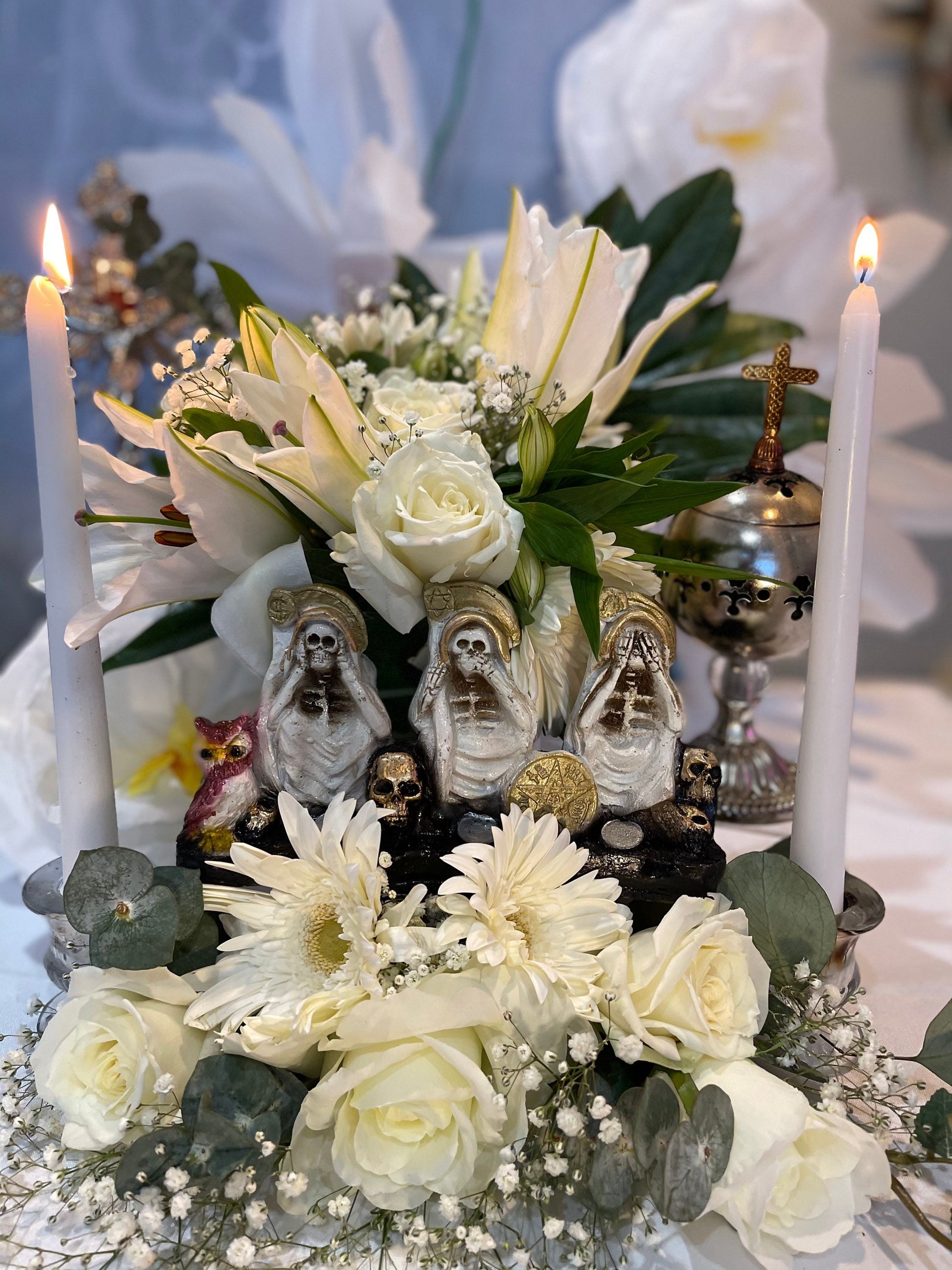 Santa Muerte Blanca Hear No, Speak No, See No Evil Statue + Baptized + Made in Mexico + Tetragrammaton