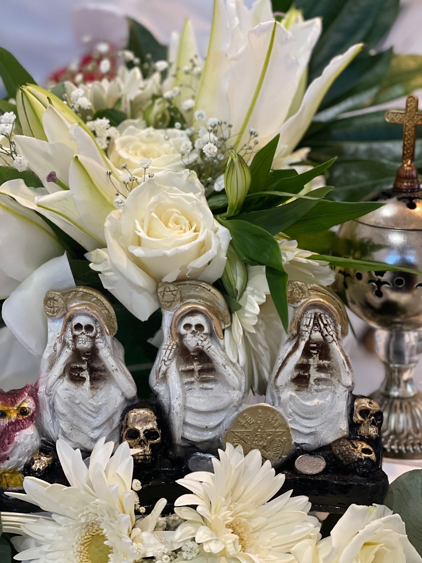 Santa Muerte Blanca Hear No, Speak No, See No Evil Statue + Baptized + Made in Mexico + Tetragrammaton