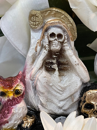 Santa Muerte Blanca Hear No, Speak No, See No Evil Statue + Baptized + Made in Mexico + Tetragrammaton