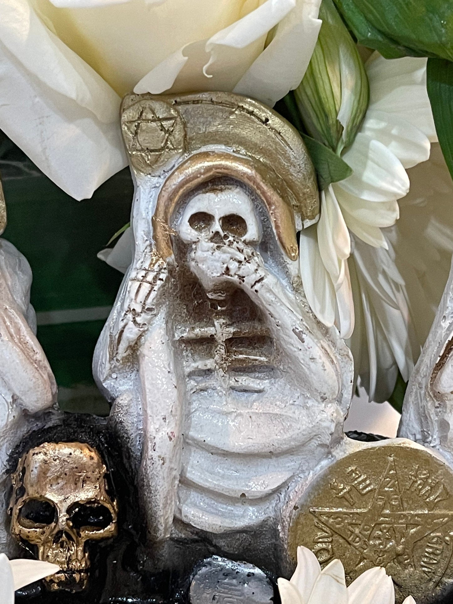 Santa Muerte Blanca Hear No, Speak No, See No Evil Statue + Baptized + Made in Mexico + Tetragrammaton