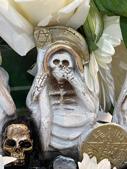 Santa Muerte Blanca Hear No, Speak No, See No Evil Statue + Baptized + Made in Mexico + Tetragrammaton