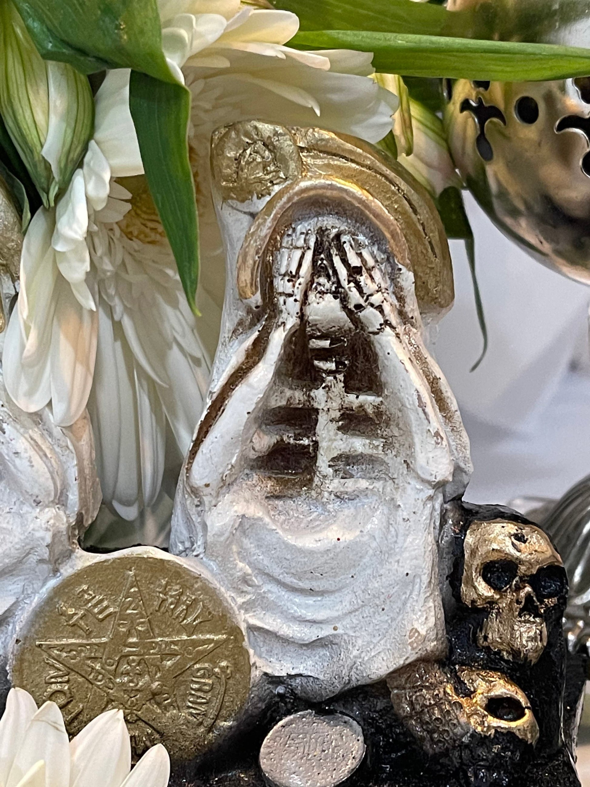 Santa Muerte Blanca Hear No, Speak No, See No Evil Statue + Baptized + Made in Mexico + Tetragrammaton