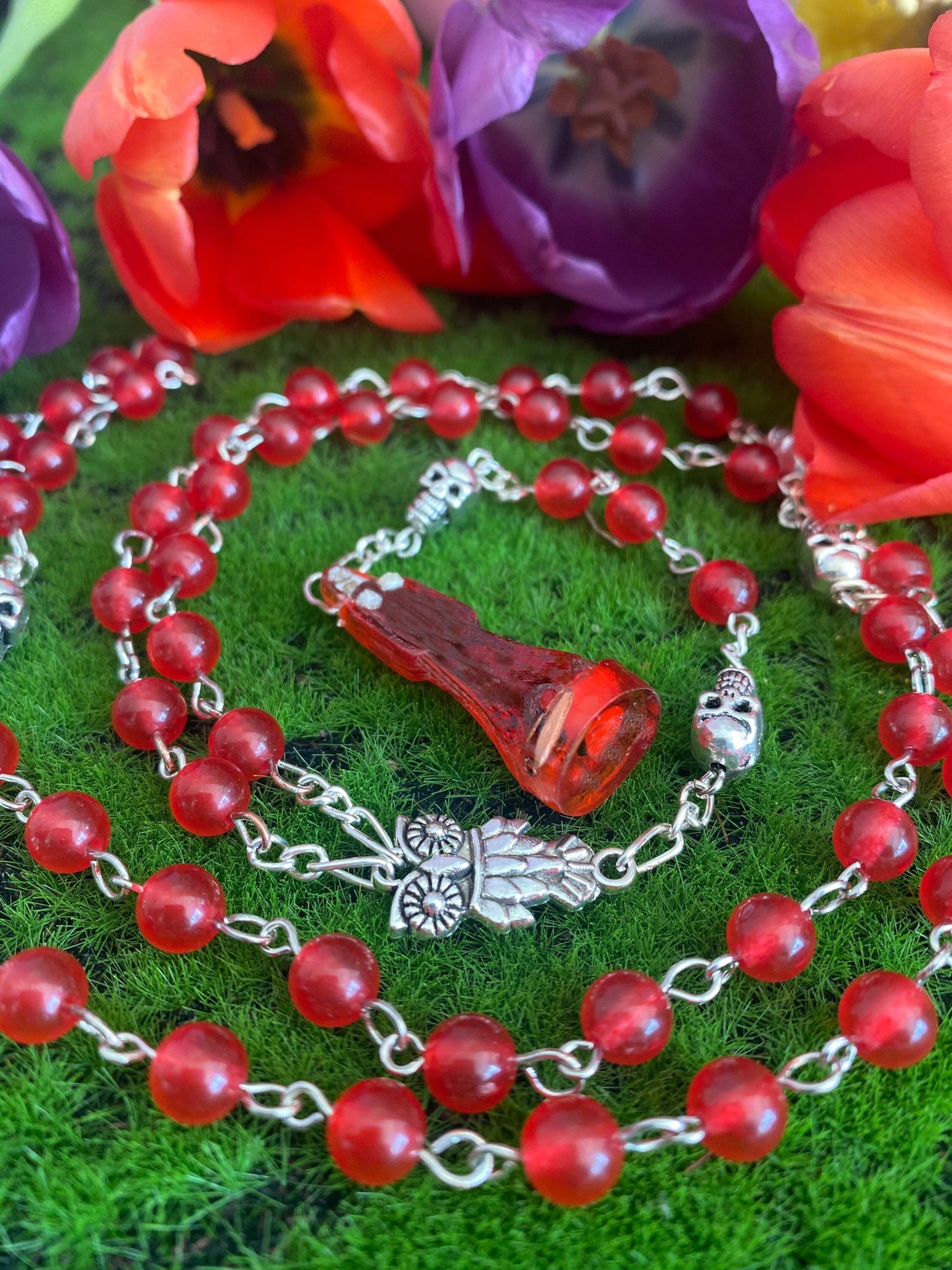 Santa Muerte Roja Rosary + Carnelian + Love + Money + Passion + Blessed + Sterling Silver Plated Chain + Gemstone + Handcrafted + Rosario