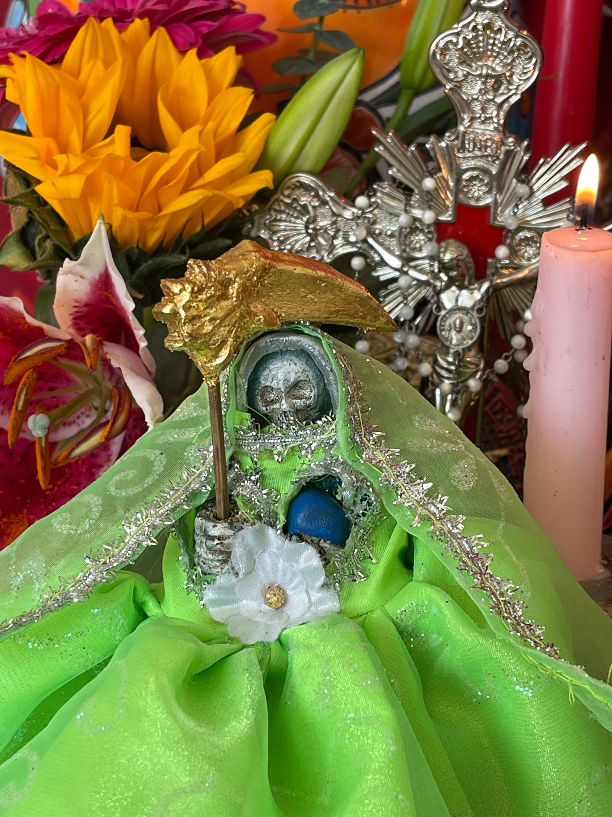 Santa Muerte Verde Statue with Dress + Green + Money + Legal Issues + Justice + Baptized + Fixed + Made in Mexico + 24K Gold Leaf on Scythe