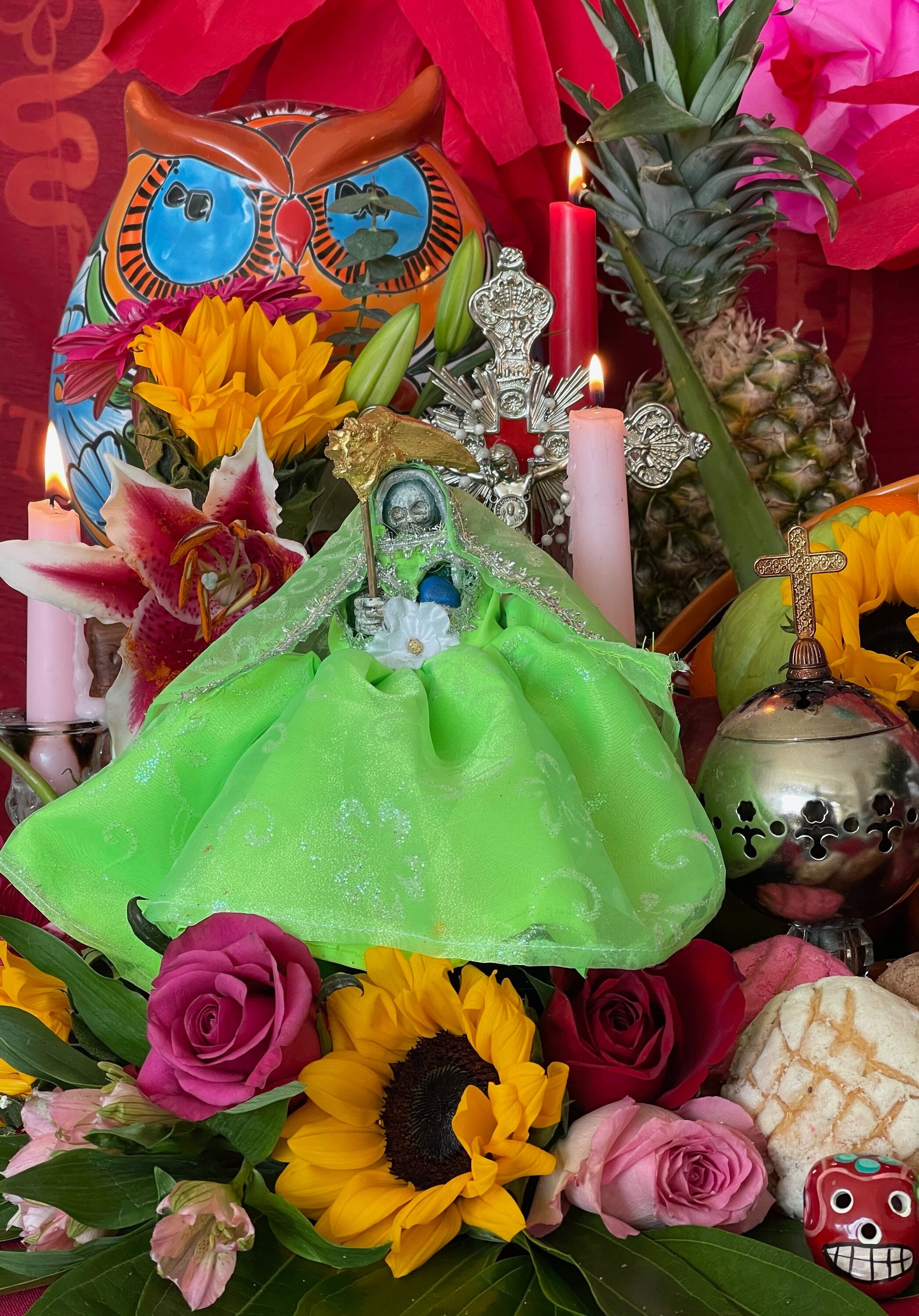 Santa Muerte Verde Statue with Dress + Green + Money + Legal Issues + Justice + Baptized + Fixed + Made in Mexico + 24K Gold Leaf on Scythe