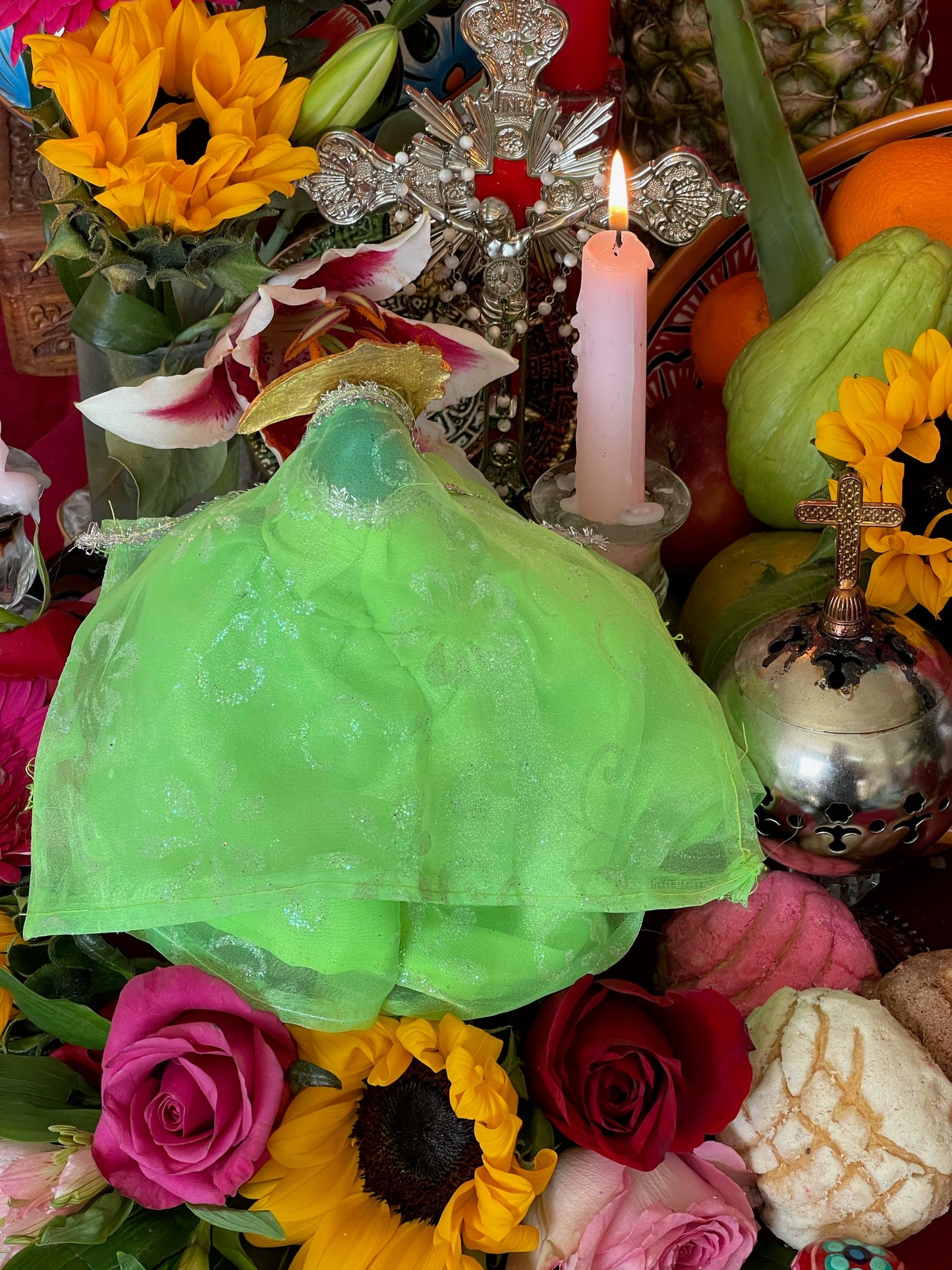 Santa Muerte Verde Statue with Dress + Green + Money + Legal Issues + Justice + Baptized + Fixed + Made in Mexico + 24K Gold Leaf on Scythe