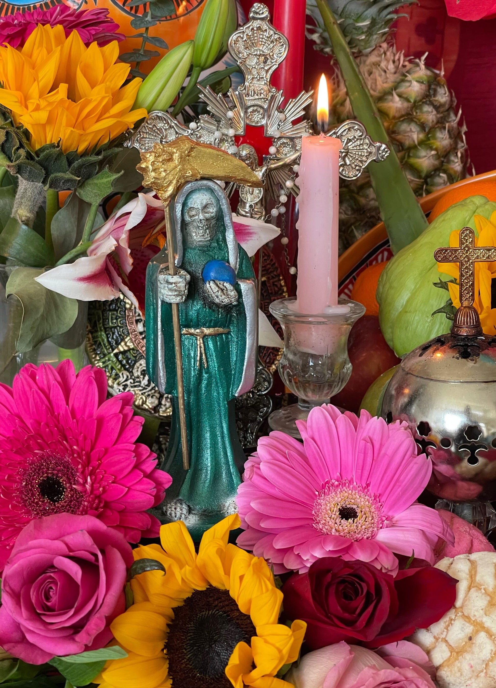 Santa Muerte Verde Statue with Dress + Green + Money + Legal Issues + Justice + Baptized + Fixed + Made in Mexico + 24K Gold Leaf on Scythe