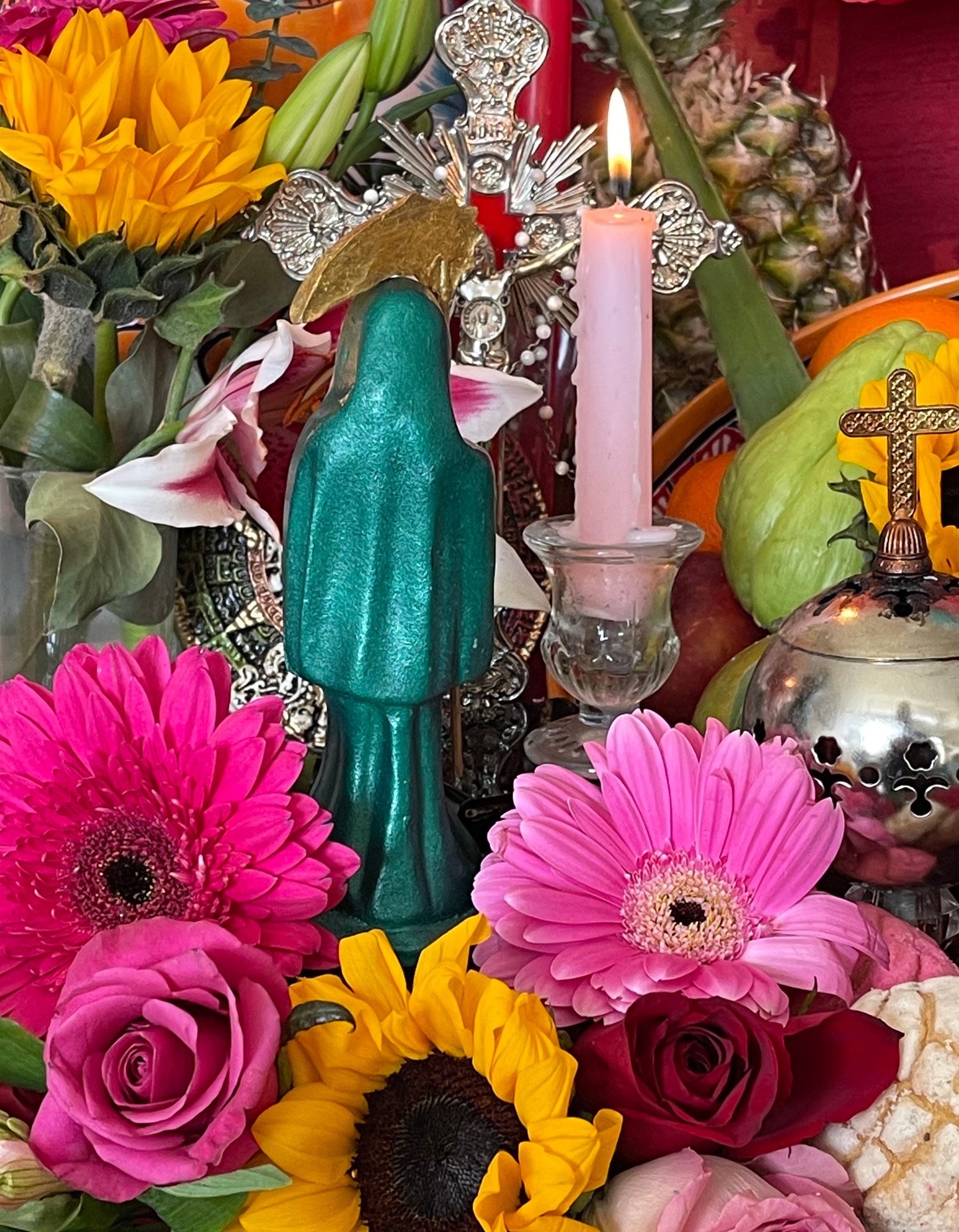Santa Muerte Verde Statue with Dress + Green + Money + Legal Issues + Justice + Baptized + Fixed + Made in Mexico + 24K Gold Leaf on Scythe