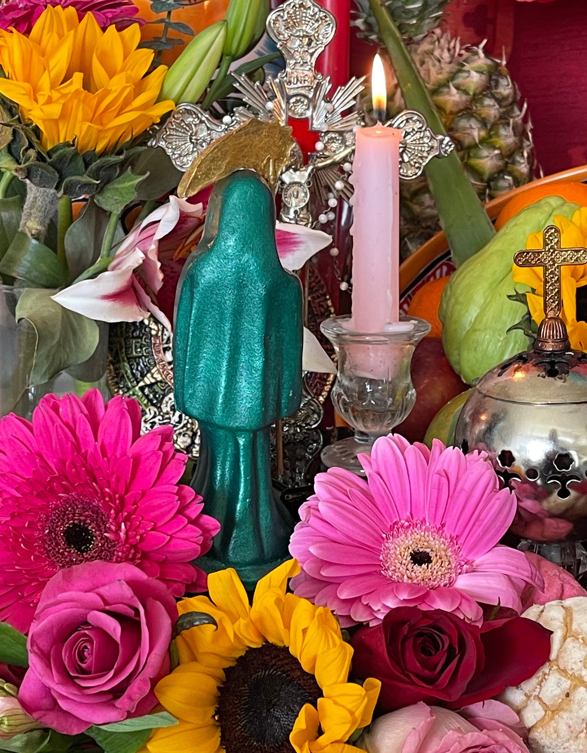 Santa Muerte Verde Statue with Dress + Green + Money + Legal Issues + Justice + Baptized + Fixed + Made in Mexico + 24K Gold Leaf on Scythe
