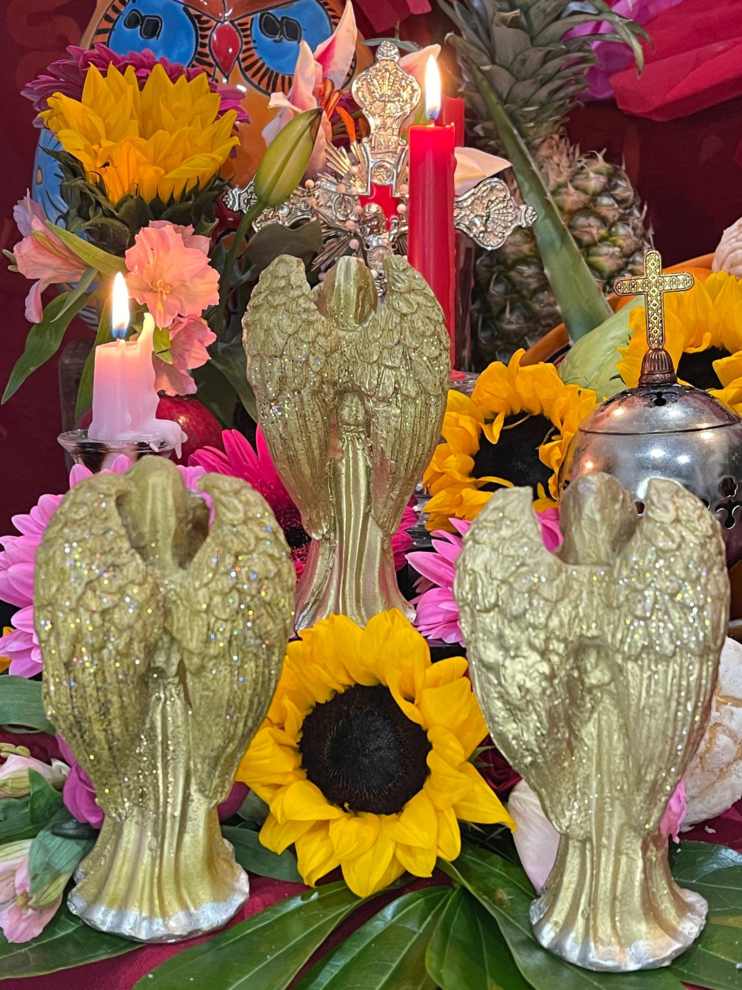 Santa Muerte Dorada Hear No, Speak No, See No Evil Statue Set + Gold + Baptized + Made in Mexico
