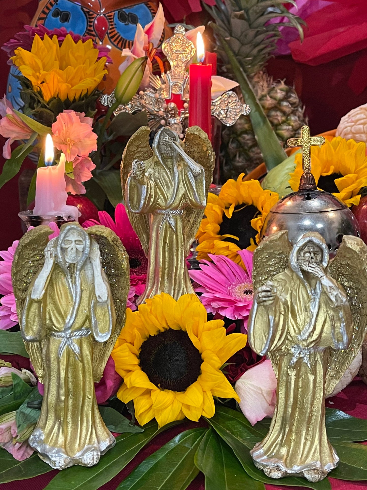Santa Muerte Dorada Hear No, Speak No, See No Evil Statue Set + Gold + Baptized + Made in Mexico