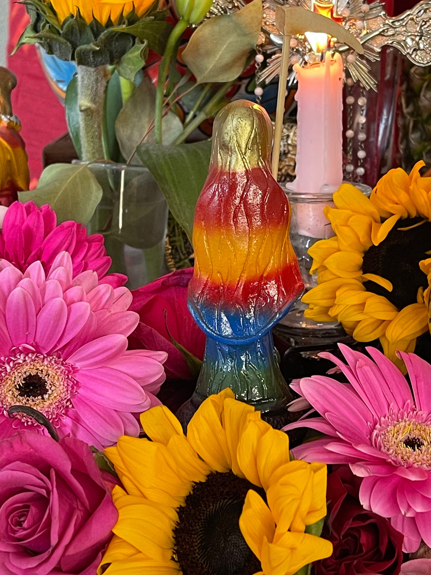 Santa Muerte Siete Colores Statue + 24K Gold + Baptized + Embarazada + Pregnant + Fixed + Made in Mexico