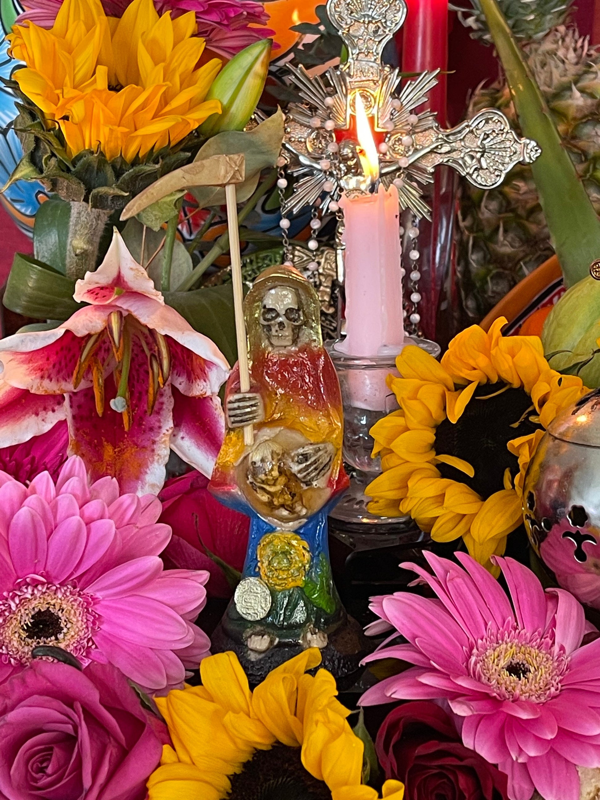 Santa Muerte Siete Colores Statue + 24K Gold + Baptized + Embarazada + Pregnant + Fixed + Made in Mexico