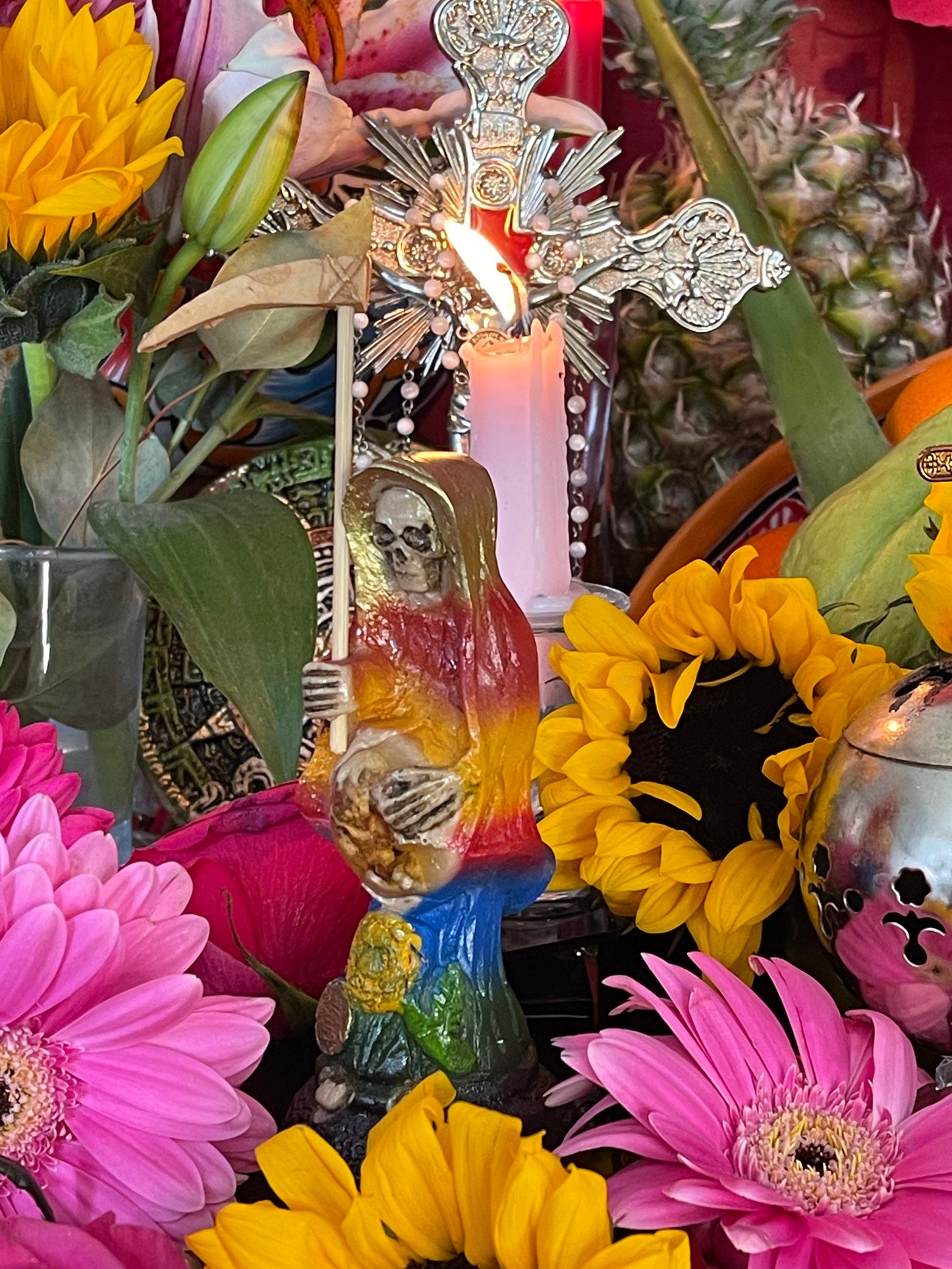Santa Muerte Siete Colores Statue + 24K Gold + Baptized + Embarazada + Pregnant + Fixed + Made in Mexico