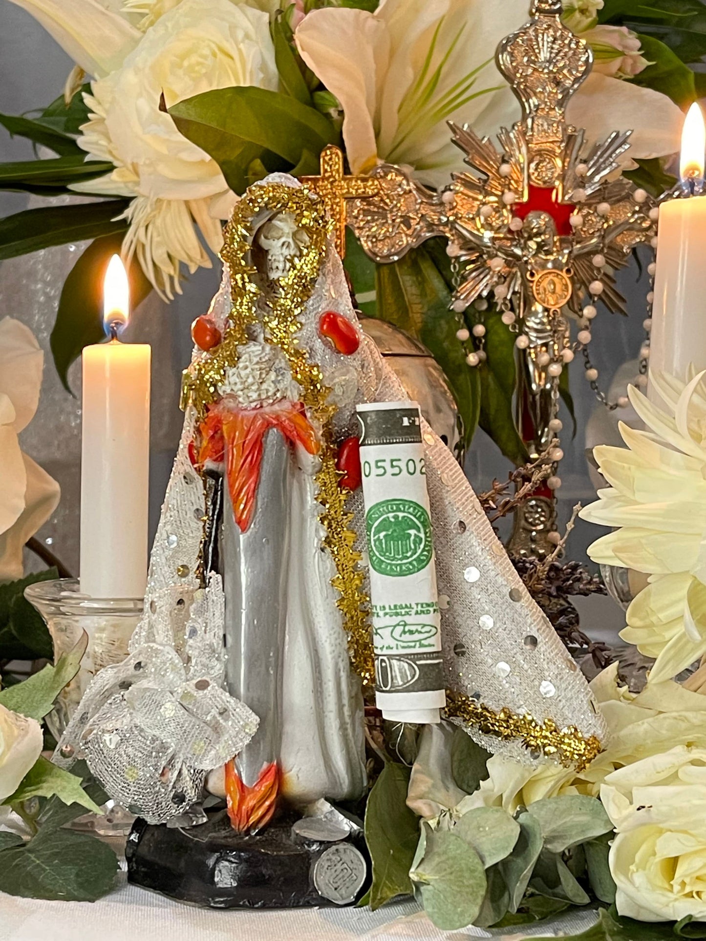 Deluxe Santa Muerte Blanca Justicia / Justice Statue + 7” + Baptized + Fixed + Made in Mexico