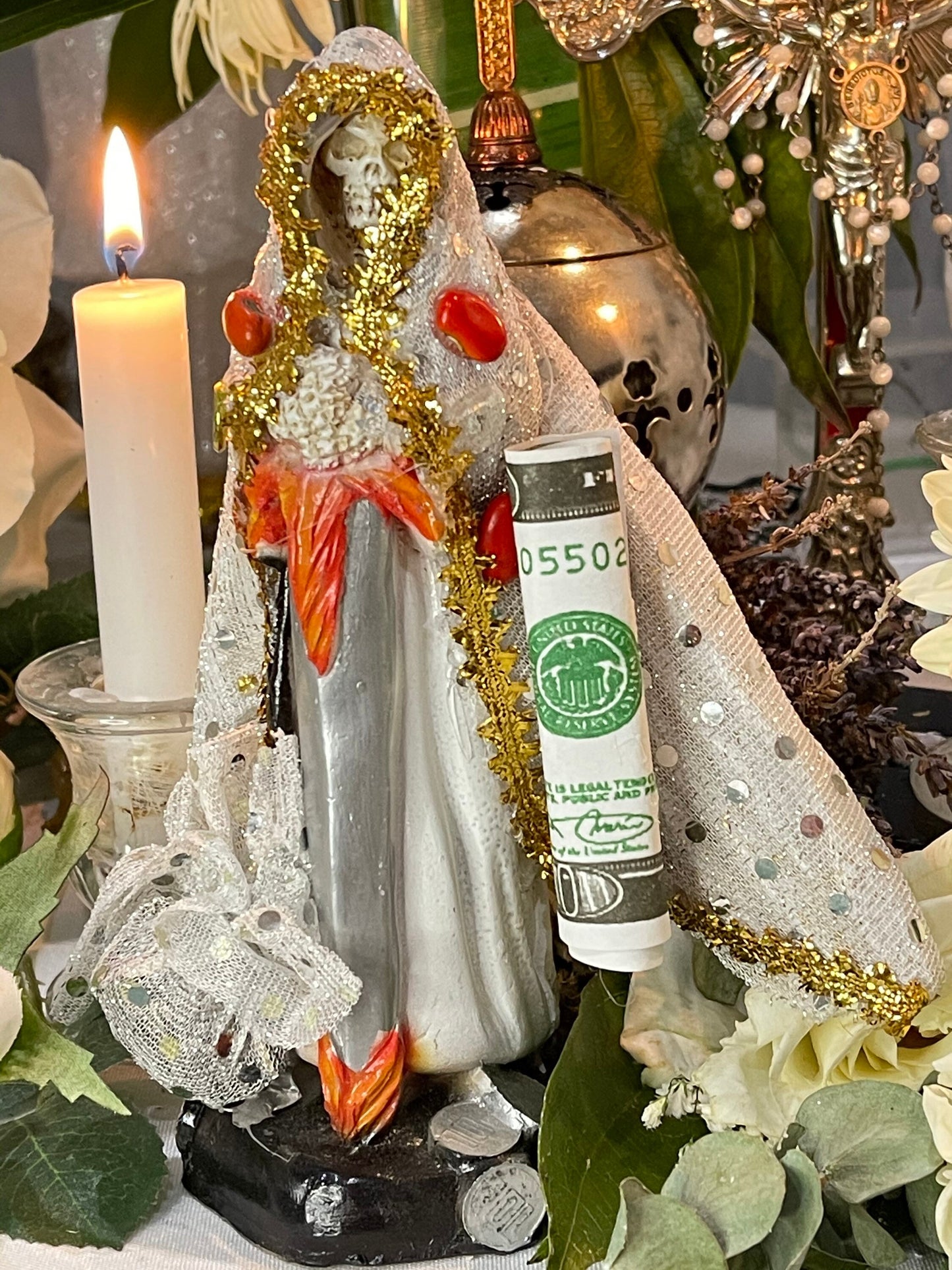 Deluxe Santa Muerte Blanca Justicia / Justice Statue + 7” + Baptized + Fixed + Made in Mexico