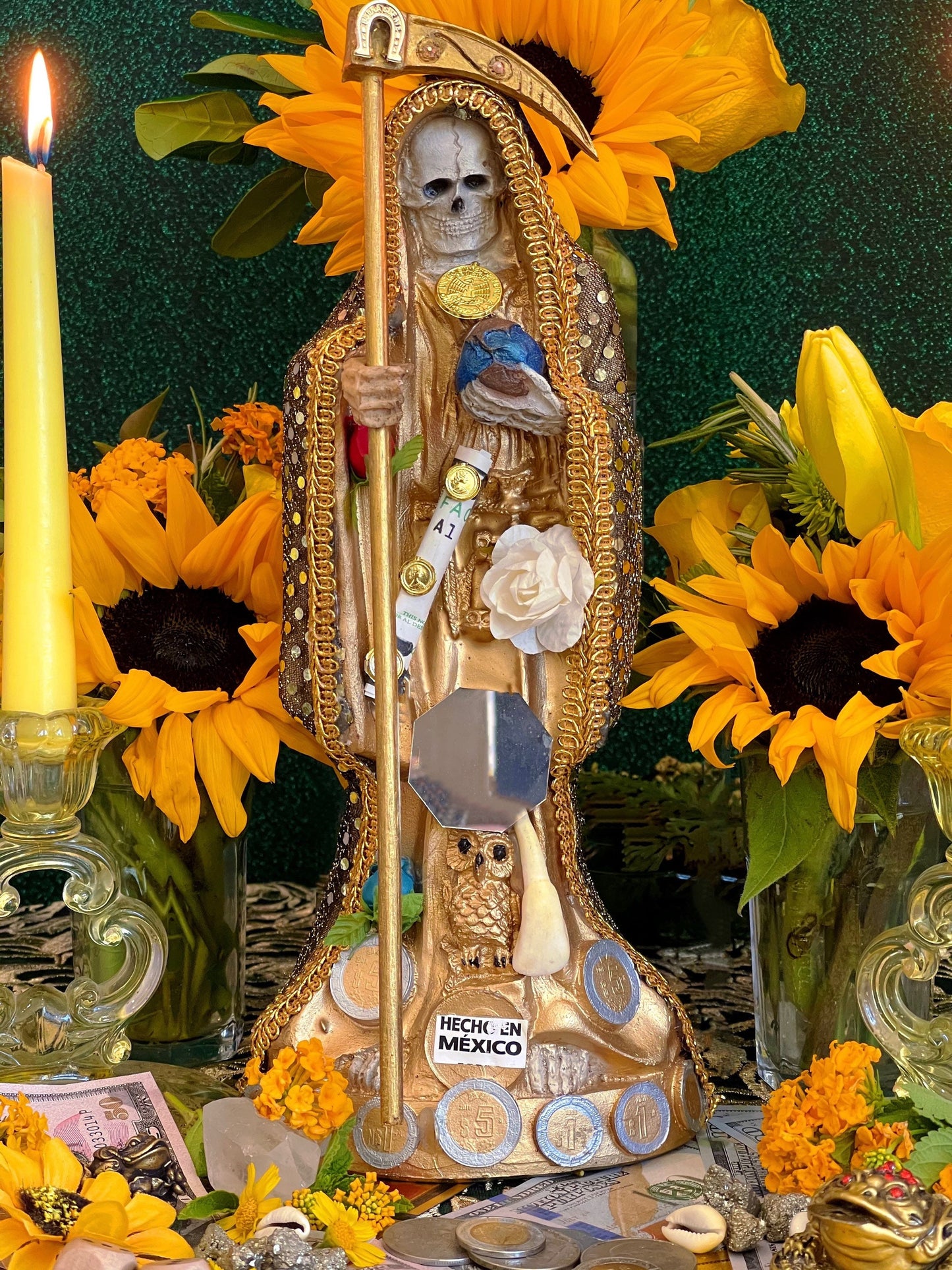 Santa Muerte Dorada Statue + 12” + Fixed and Baptized on Feast Day + 24K Gold