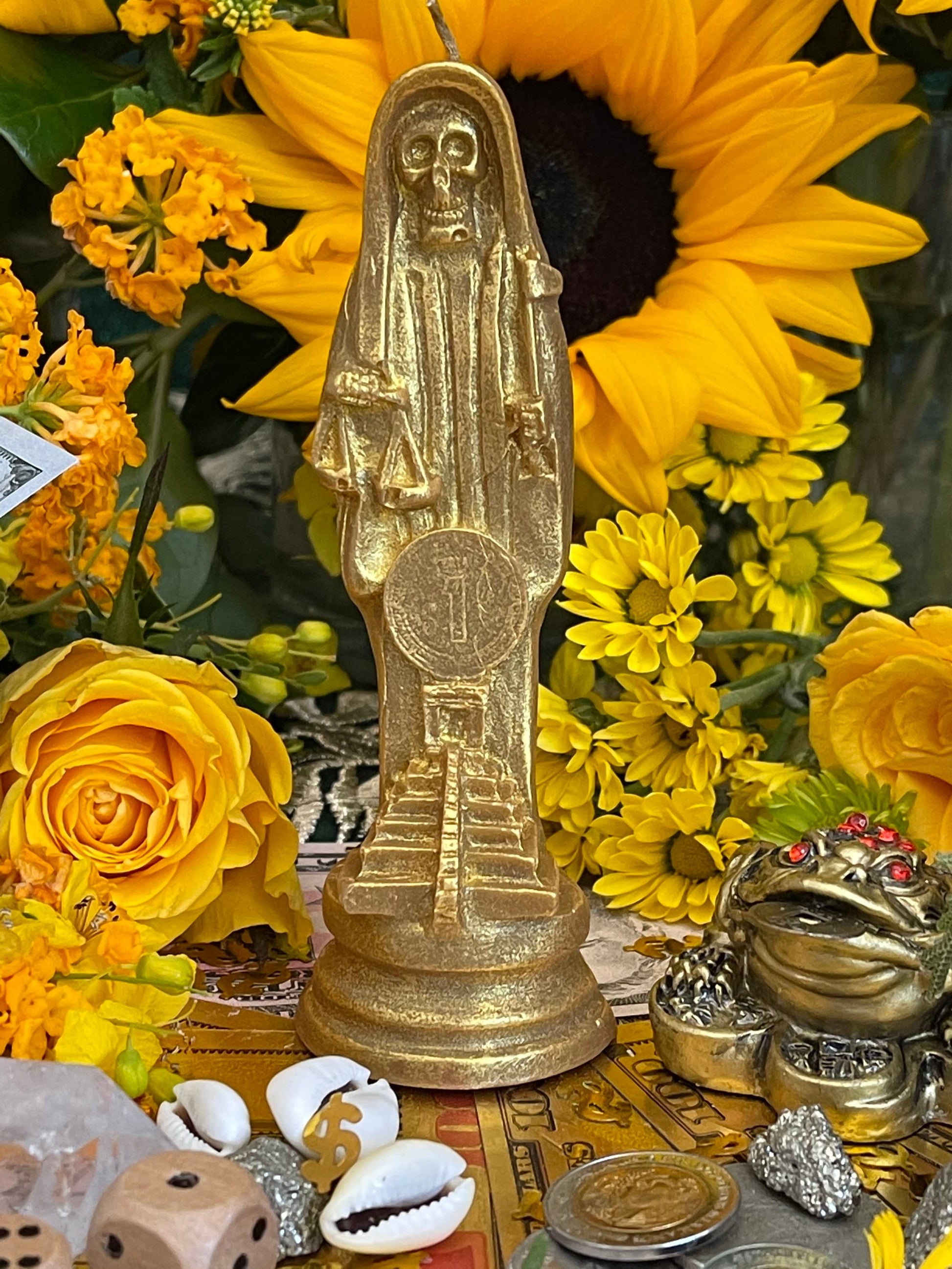 Santa Muerte Dorada Figure Candle + Money + Prosperity + Gold + Oro + 24K Gold