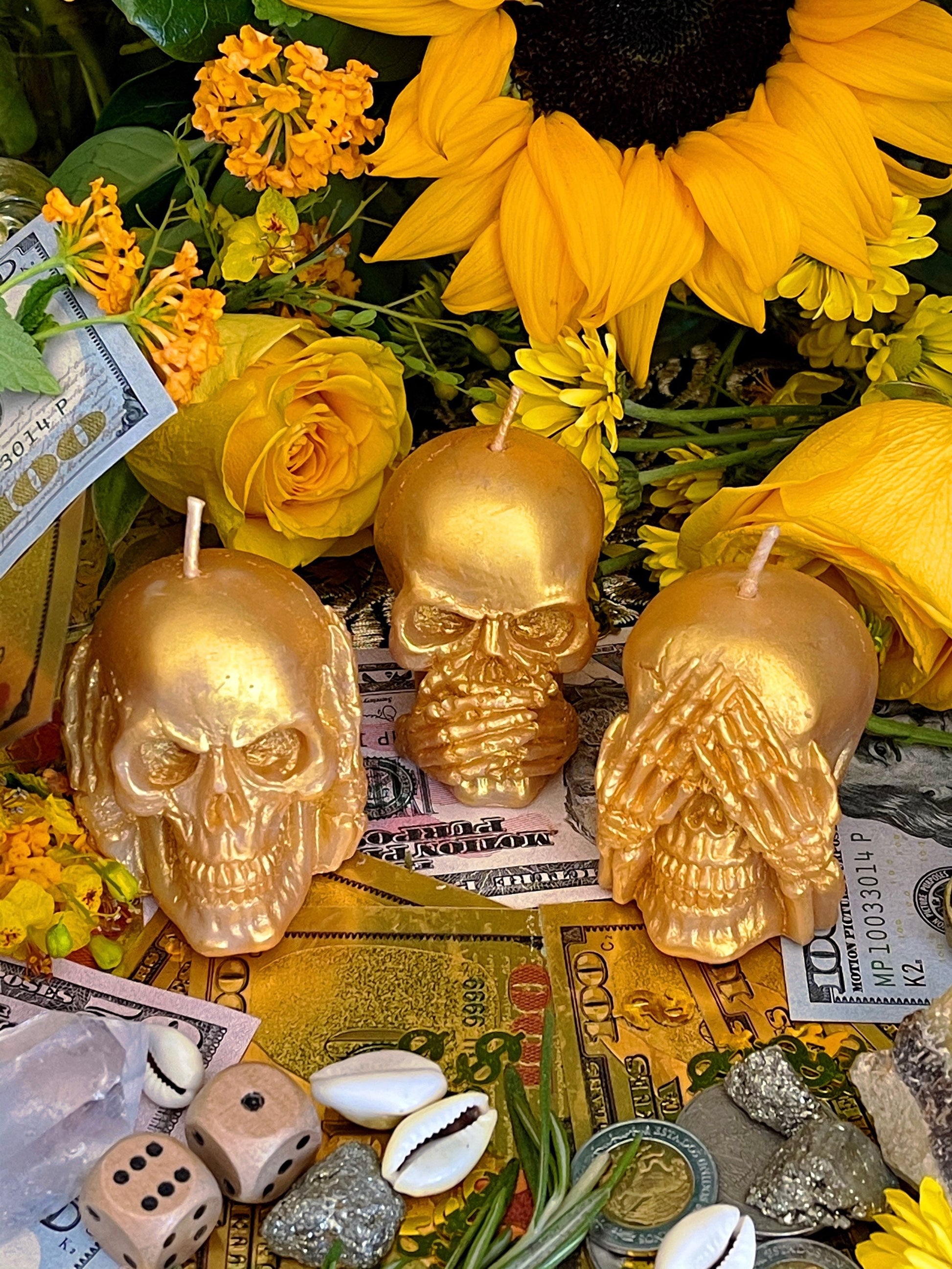 Three Wise Skulls Candle Set + Hear No Evil + See No Evil + Speak No Evil + Stop Jealousy & Gossip + Hide Spells + Santa Muerte