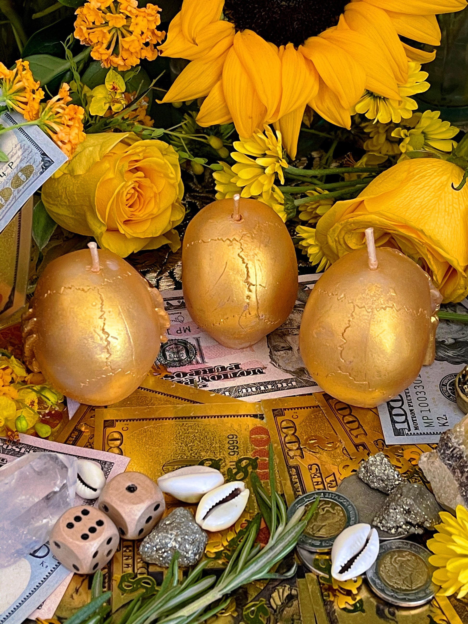 Three Wise Skulls Candle Set + Hear No Evil + See No Evil + Speak No Evil + Stop Jealousy & Gossip + Hide Spells + Santa Muerte