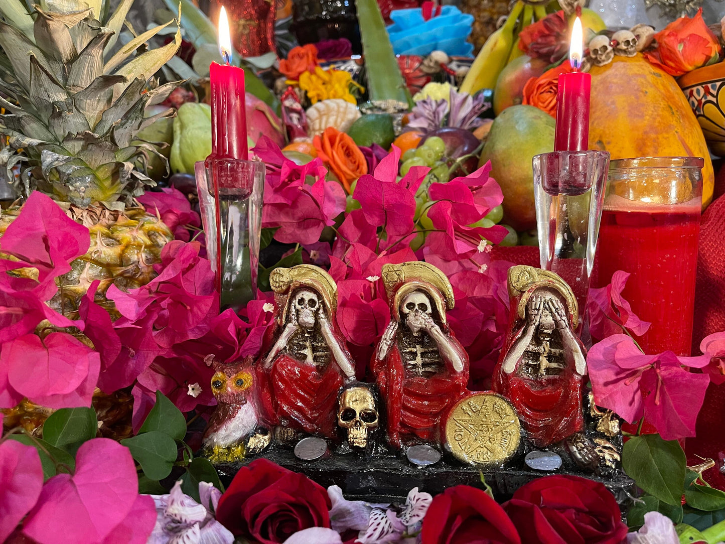 Santa Muerte Roja Hear No, Speak No, See No Evil Statue + Baptized + Made in Mexico + Tetragrammaton + Stop Gossip + Hide Love Spellwork
