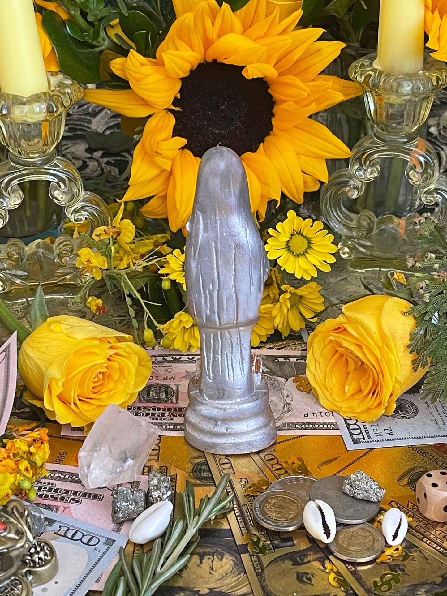 Santa Muerte Plata/Silver Statue + Baptized + Pyramid + Fixed + Made in Mexico + Money + Working with the Moon + Luck