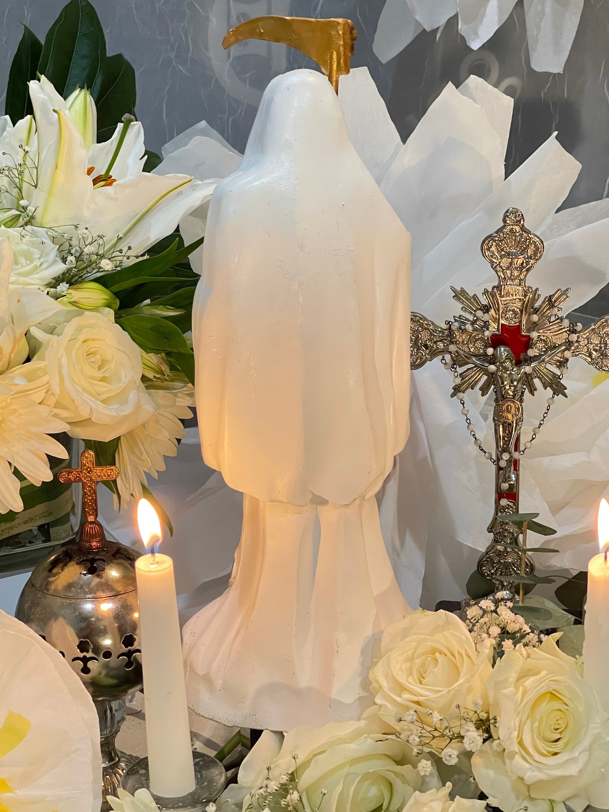 12” Santa Muerte Blanca Statue with Dress + Baptized + Fixed + Purity + Made in Mexico + 24K Gold Leaf on Scythe