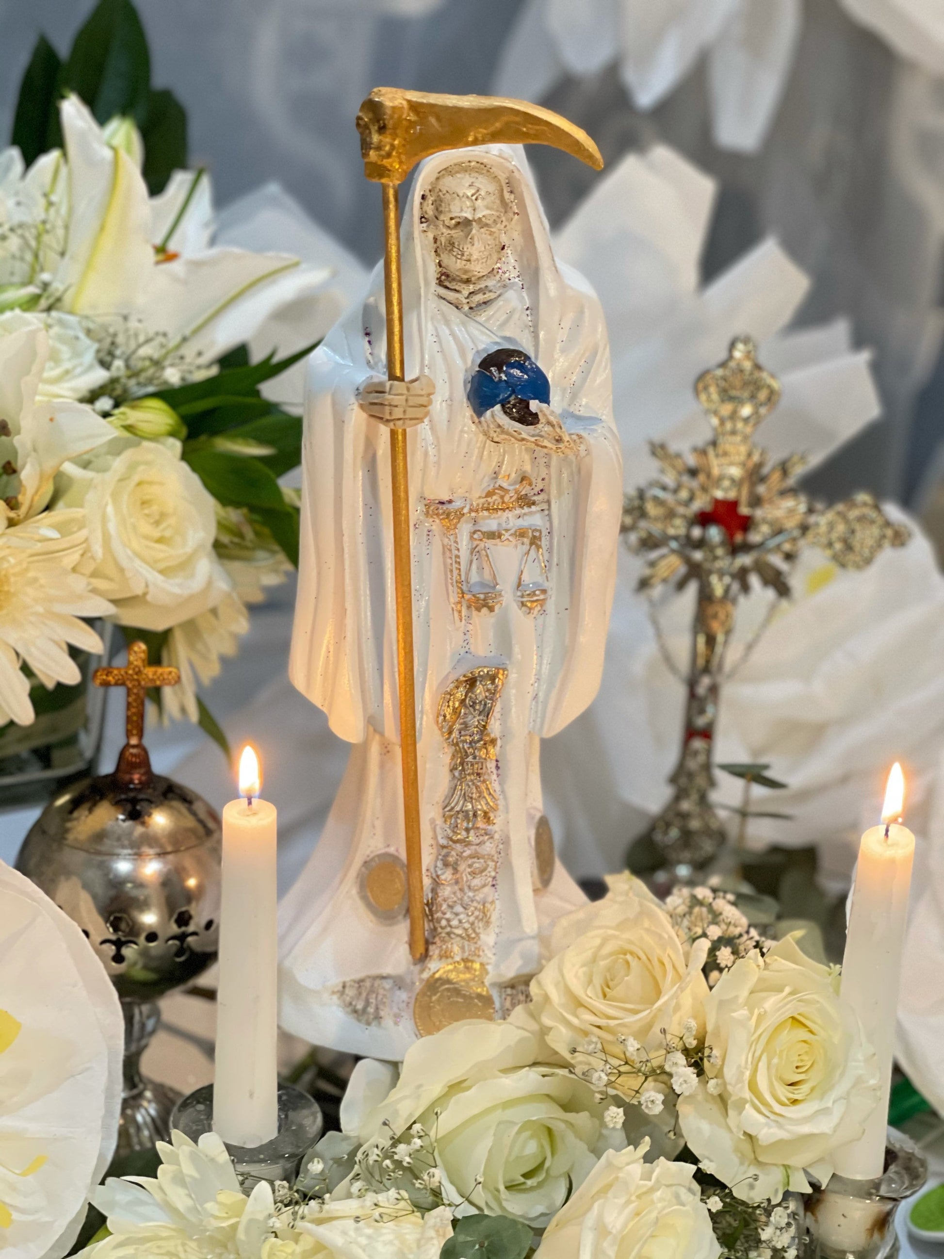 12” Santa Muerte Blanca Statue with Dress + Baptized + Fixed + Purity + Made in Mexico + 24K Gold Leaf on Scythe