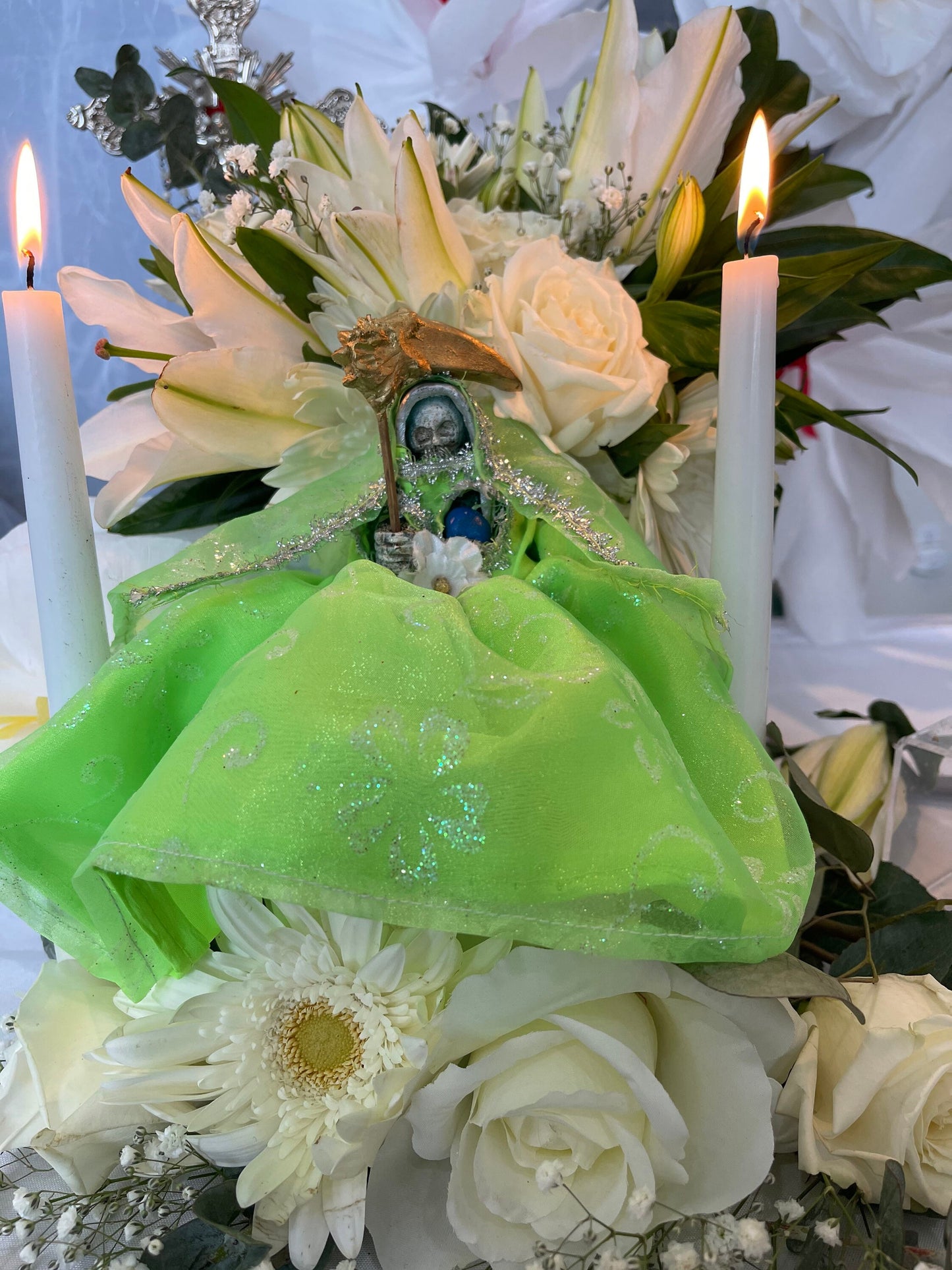 Santa Muerte Verde Statue with Dress + Green + Money + Legal Issues + Justice + Baptized + Fixed + Made in Mexico + 24K Gold Leaf on Scythe