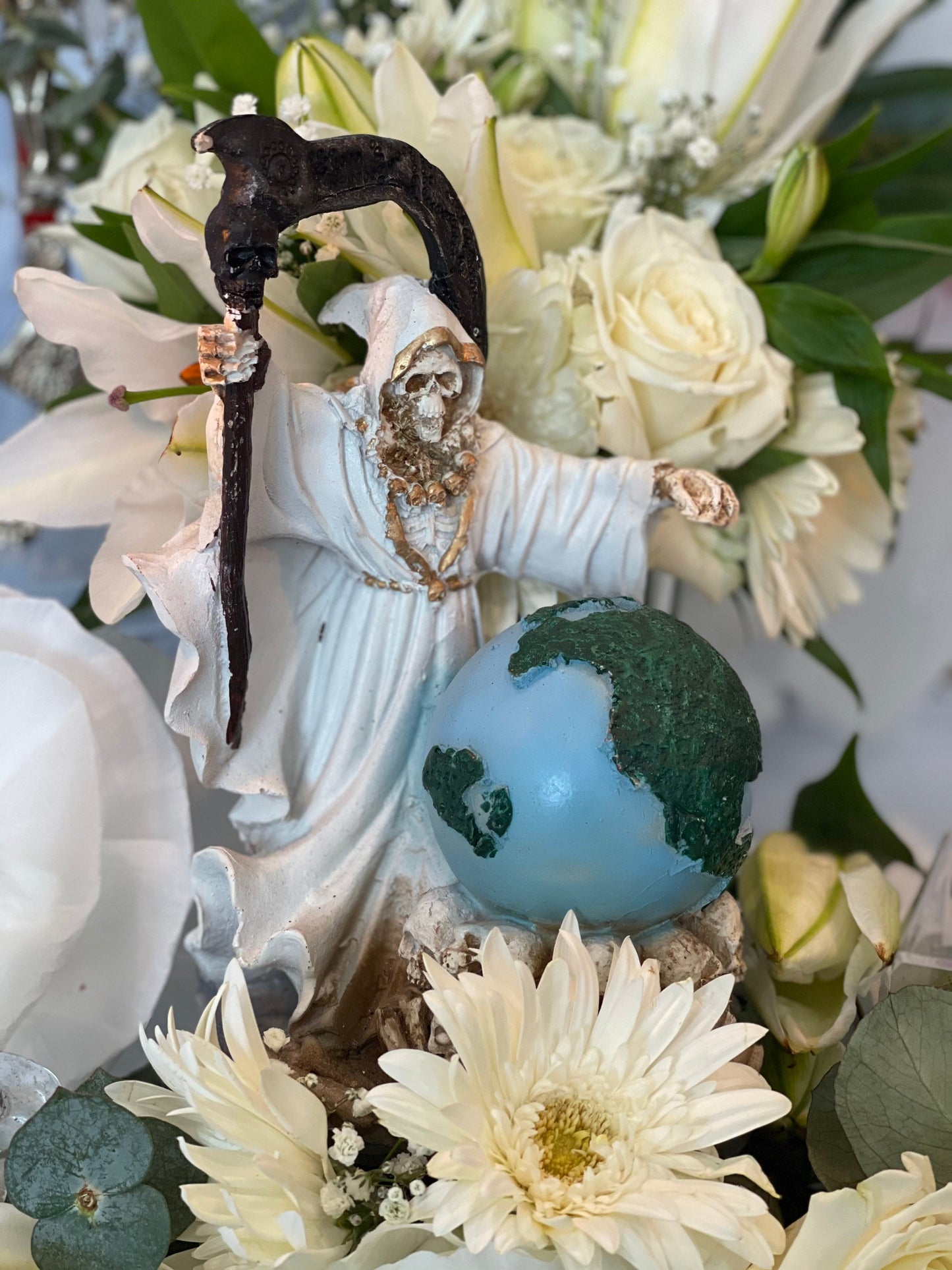 Santa Muerte Blanca Statue 9” + Baptized + Vencedora + Fixed + Made in Mexico