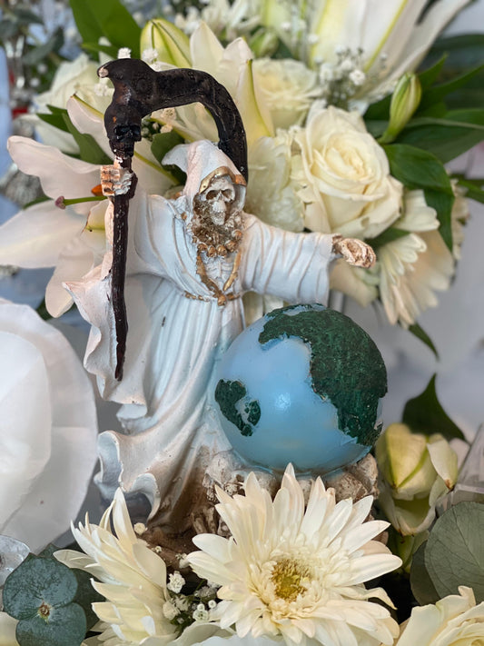Santa Muerte Blanca Statue 9” + Baptized + Vencedora + Fixed + Made in Mexico