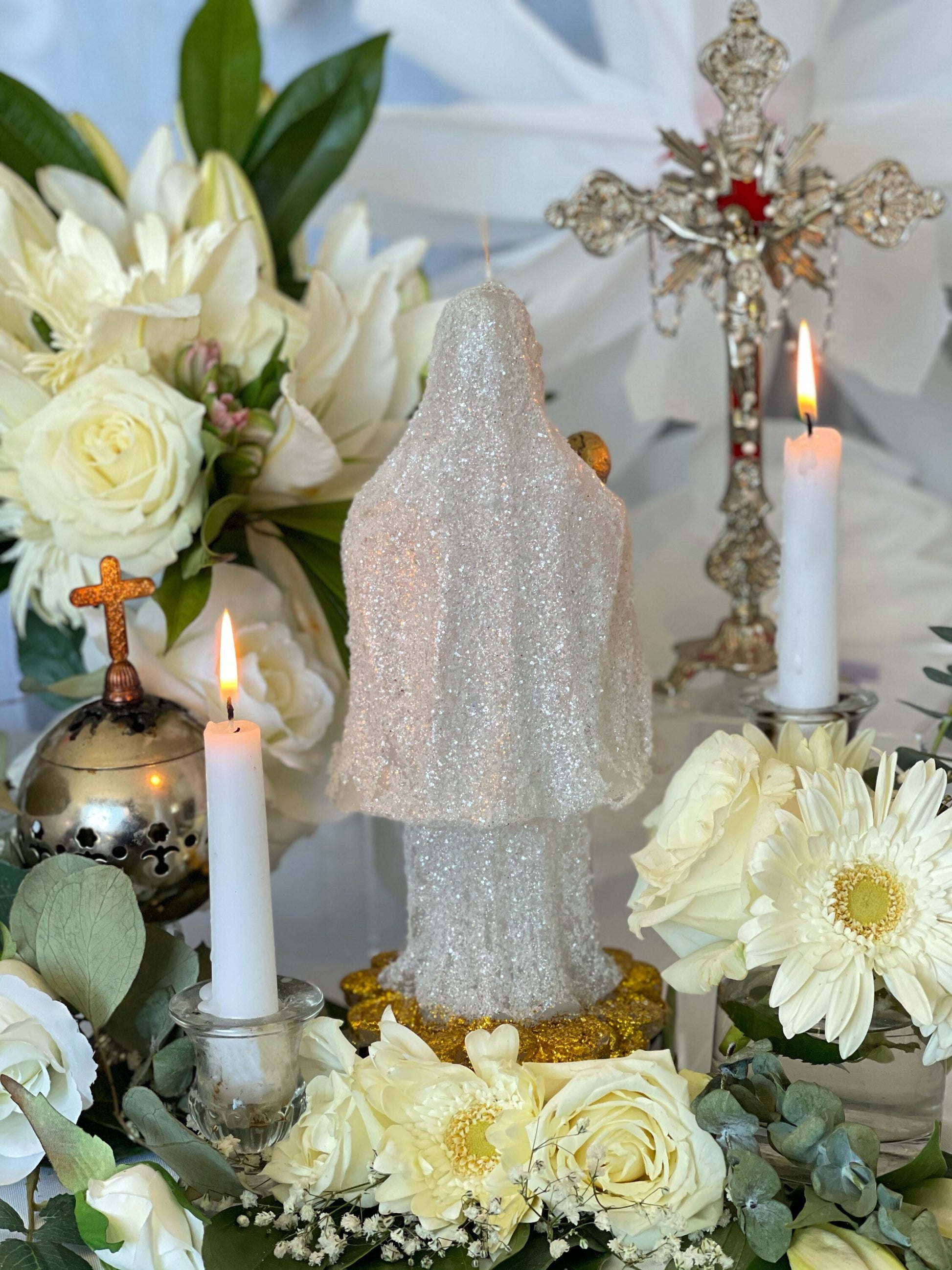 Santa Muerte Blanca Figure Candle + Protection + Healing + Peace + 24K Gold + Baptized + Blessed + Fixed + Purity + Cleansing + Psychic