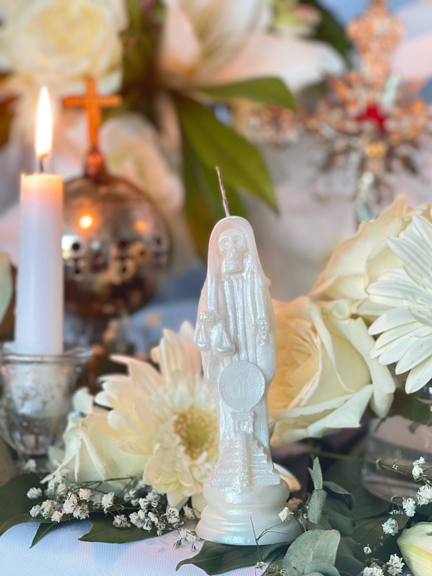Santa Muerte Blanca Figure Candle + Blessed + Purity + Psychic + Healing