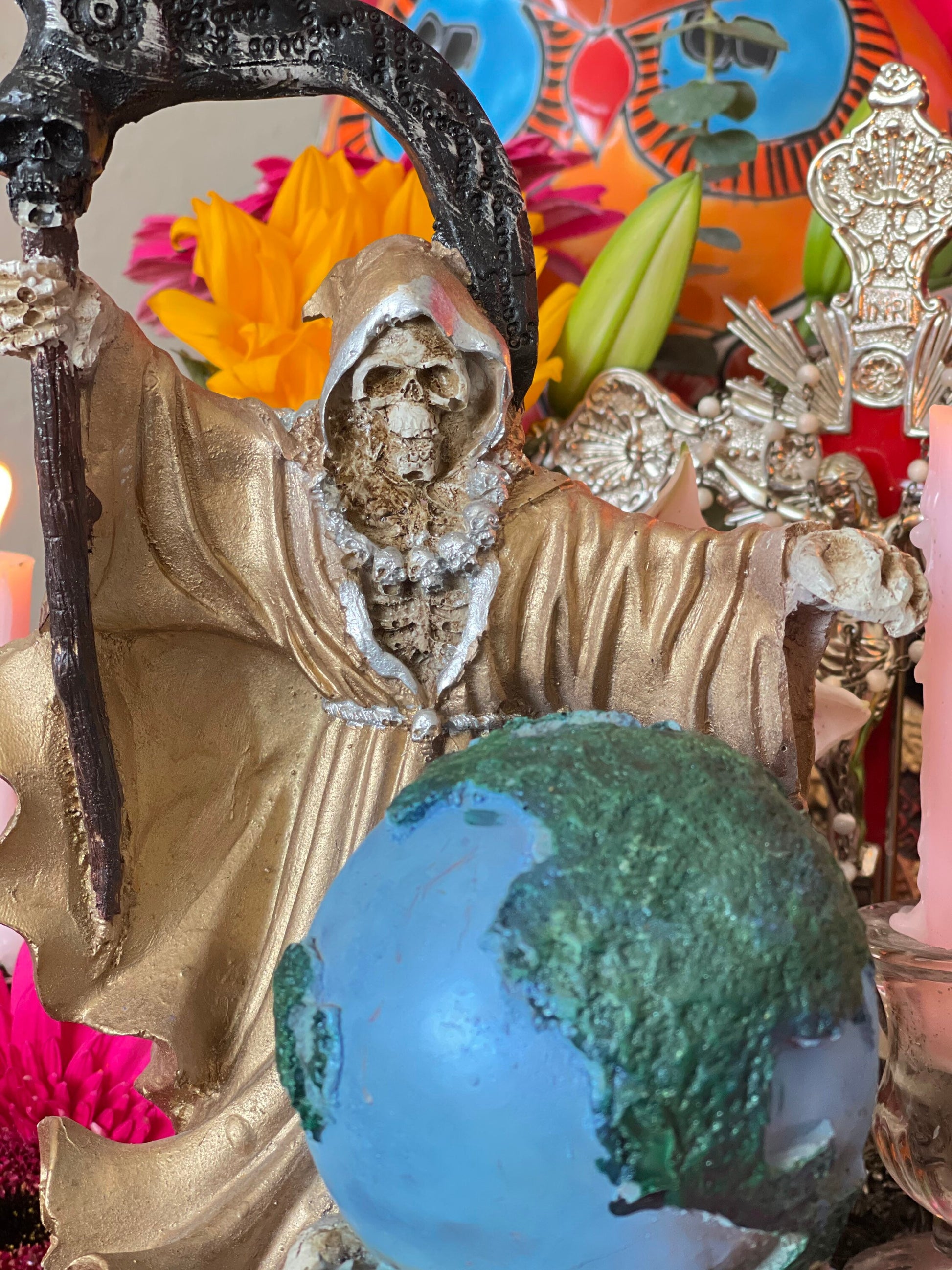 Santa Muerte Dorada Statue 9” + Gold + Baptized + Vencedora + Fixed + Made in Mexico