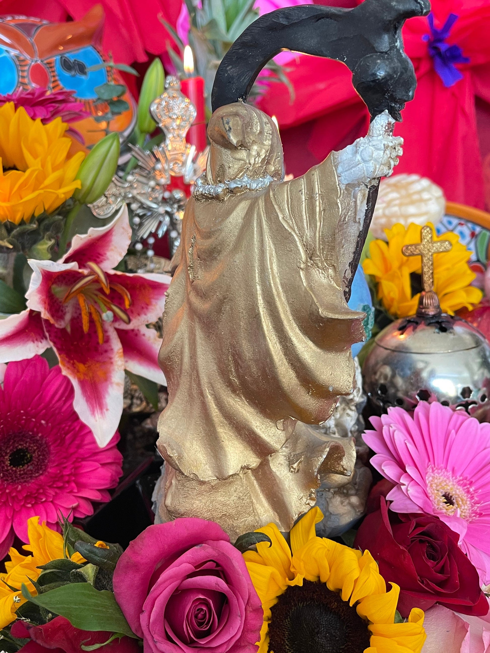 Santa Muerte Dorada Statue 9” + Gold + Baptized + Vencedora + Fixed + Made in Mexico