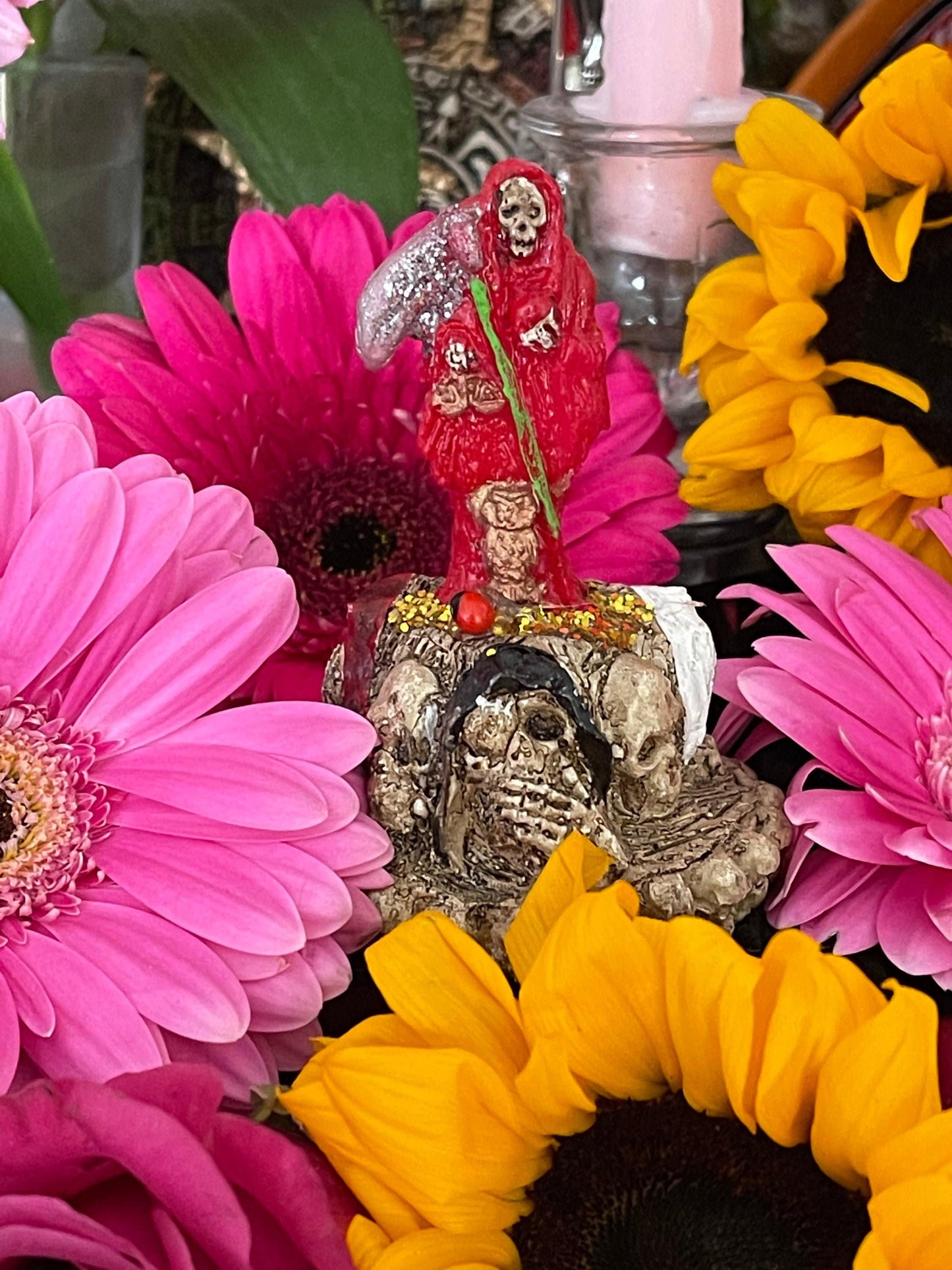 Santa Muerte Roja Statuette + Hear, Speak, See No Evil + Hide Love Spellwork + Baptized + Blessed + Fixed + Made in Mexico