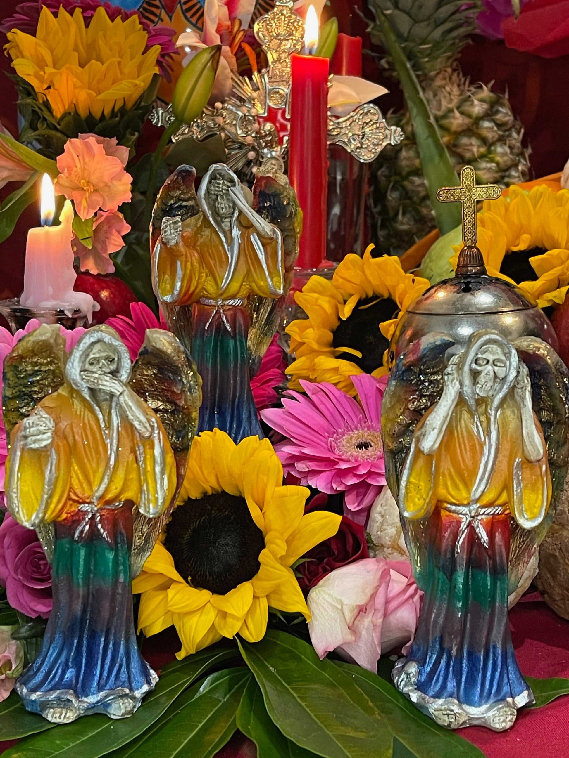 Santa Muerte Siete Colores Hear No, Speak No, See No Evil Statue Set + Baptized + Made in Mexico