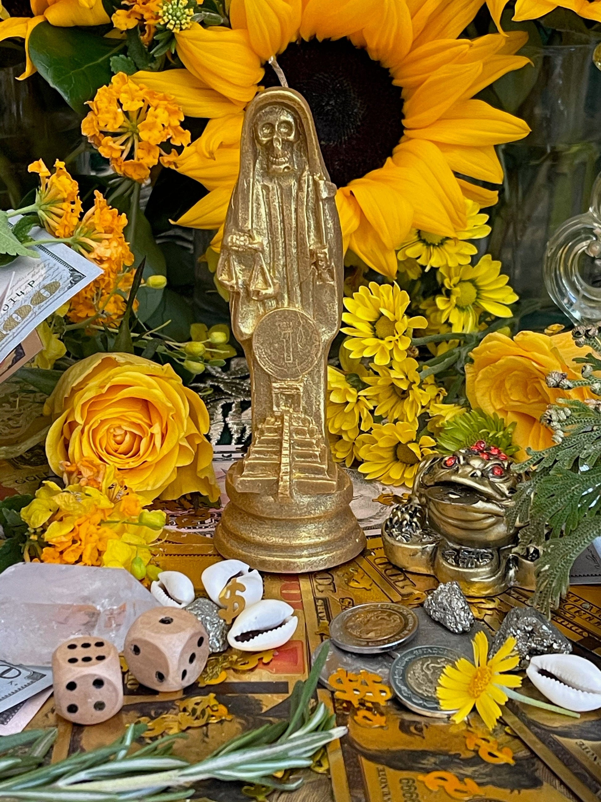 Santa Muerte Dorada Figure Candle + Money + Prosperity + Gold + Oro + 24K Gold