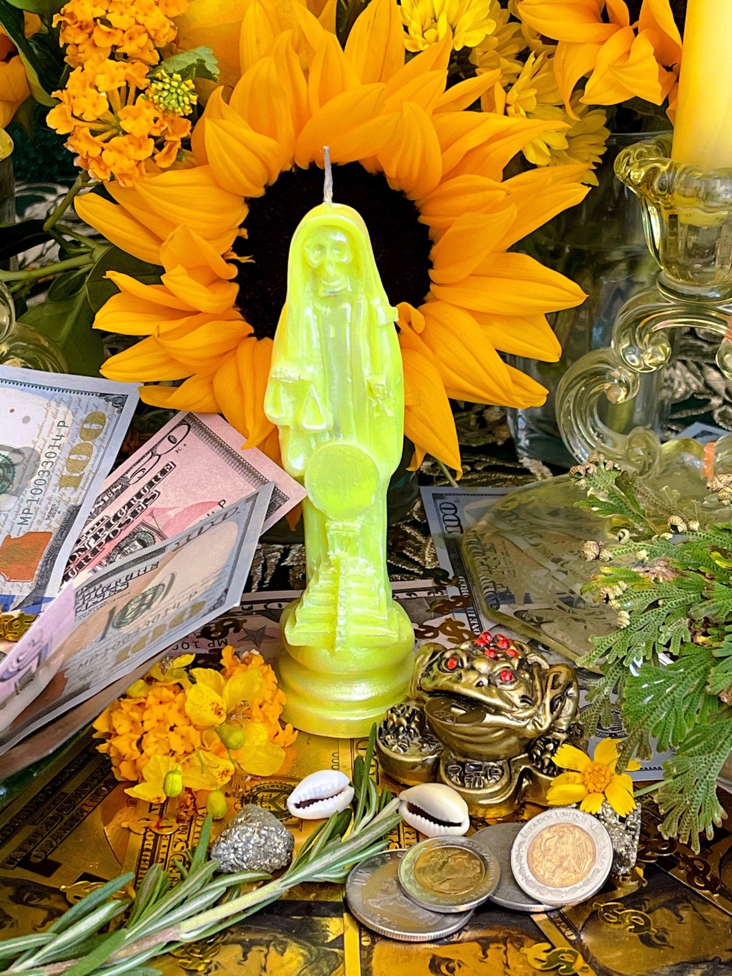 Neon Santa Muerte Figure Candle + Glows under Blacklight