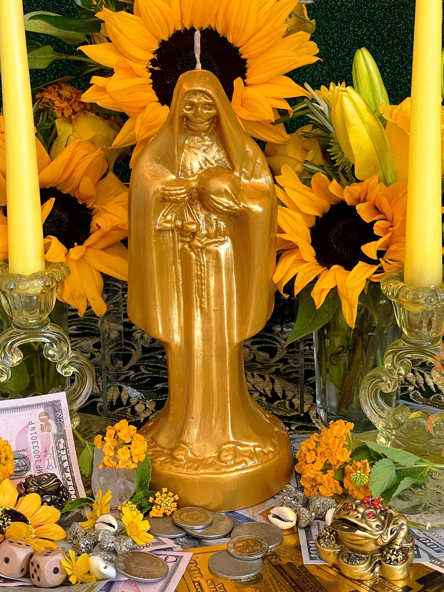 Santa Muerte Dorada Candle + Money + Prosperity + Gold + Oro + Blessed + 24K Gold + Money + Abundance