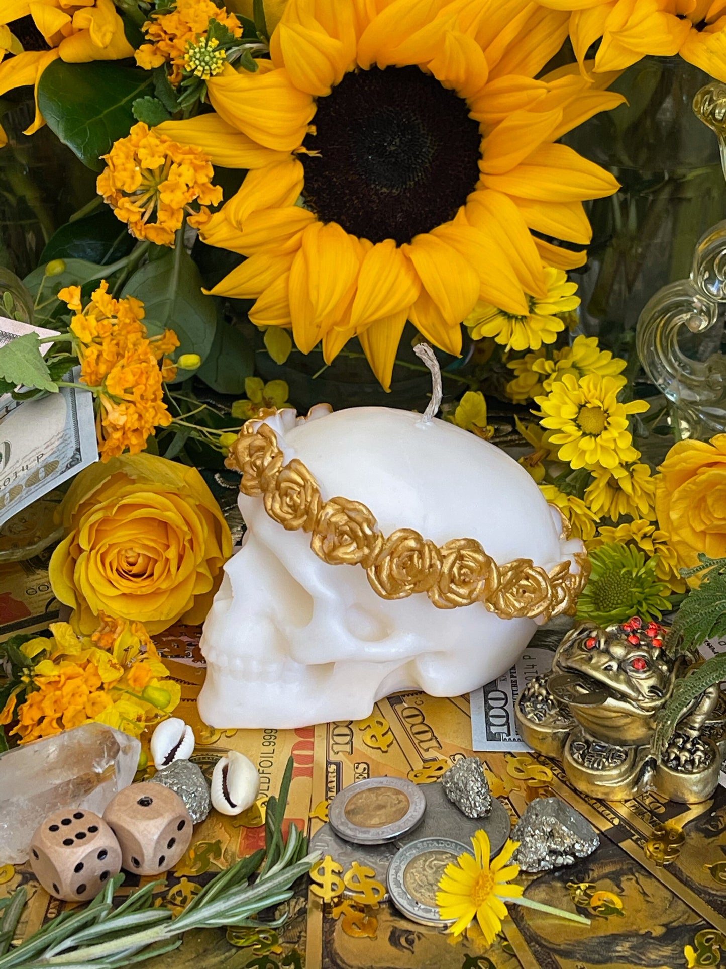 Skull Candle with Gold Roses + Hand Painted