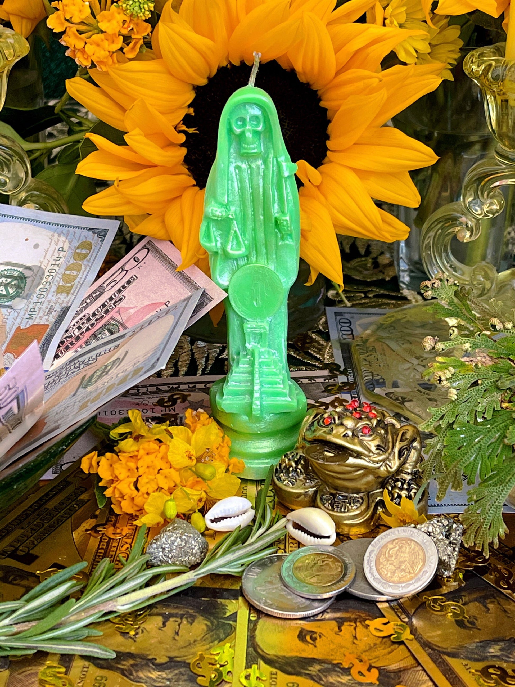 Neon Santa Muerte Figure Candle + Glows under Blacklight