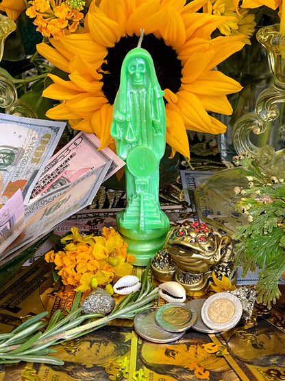 Neon Santa Muerte Figure Candle + Glows under Blacklight