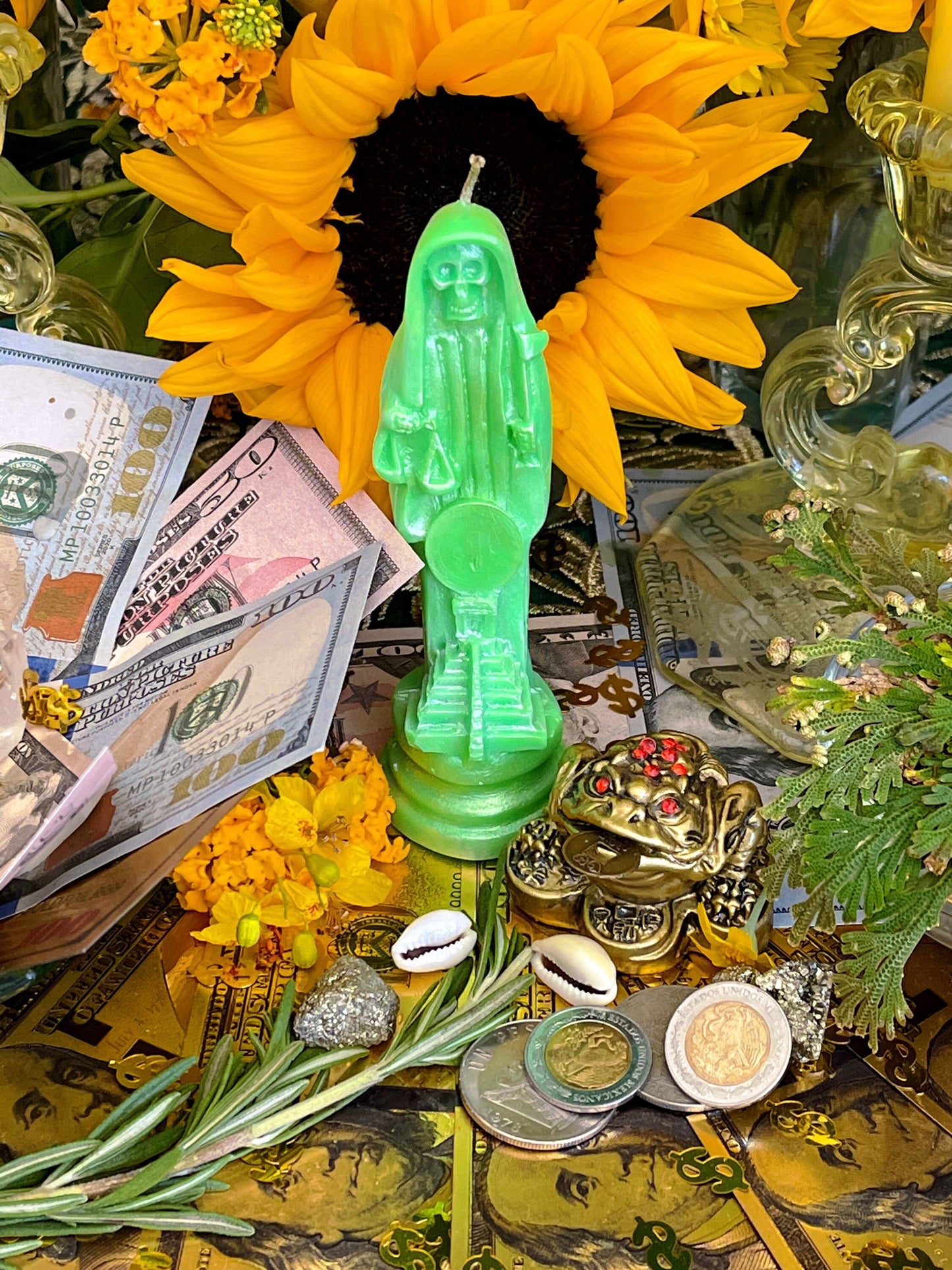 Neon Santa Muerte Figure Candle + Glows under Blacklight