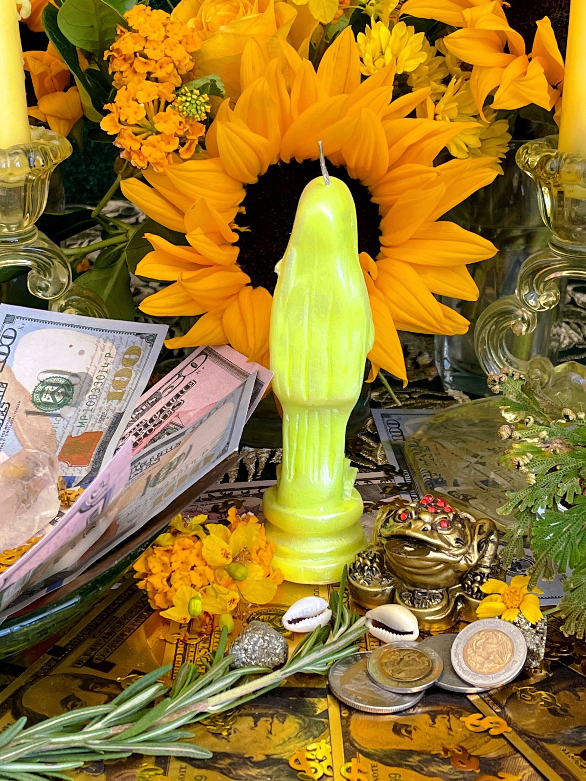 Neon Santa Muerte Figure Candle + Glows under Blacklight