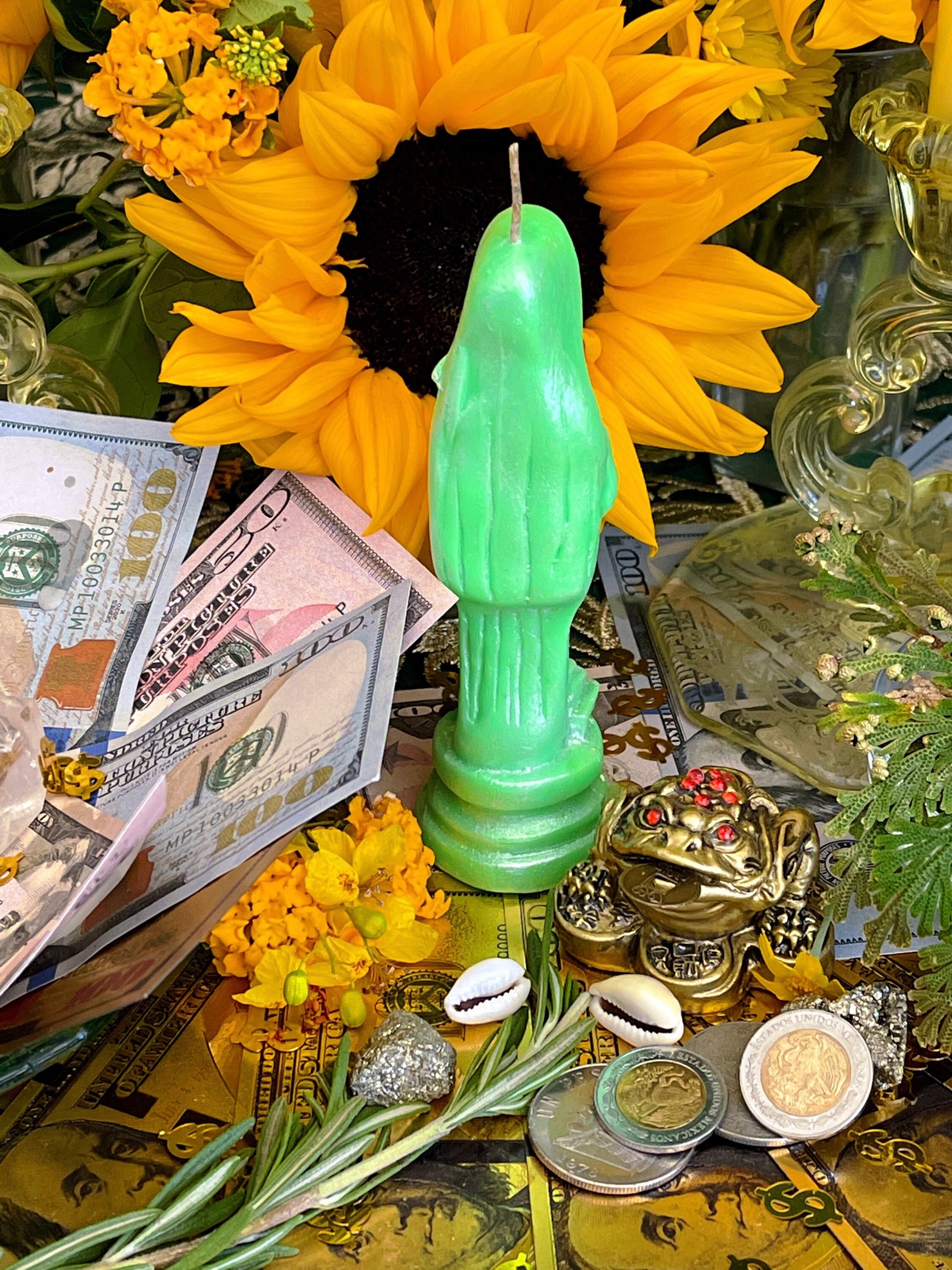Neon Santa Muerte Figure Candle + Glows under Blacklight