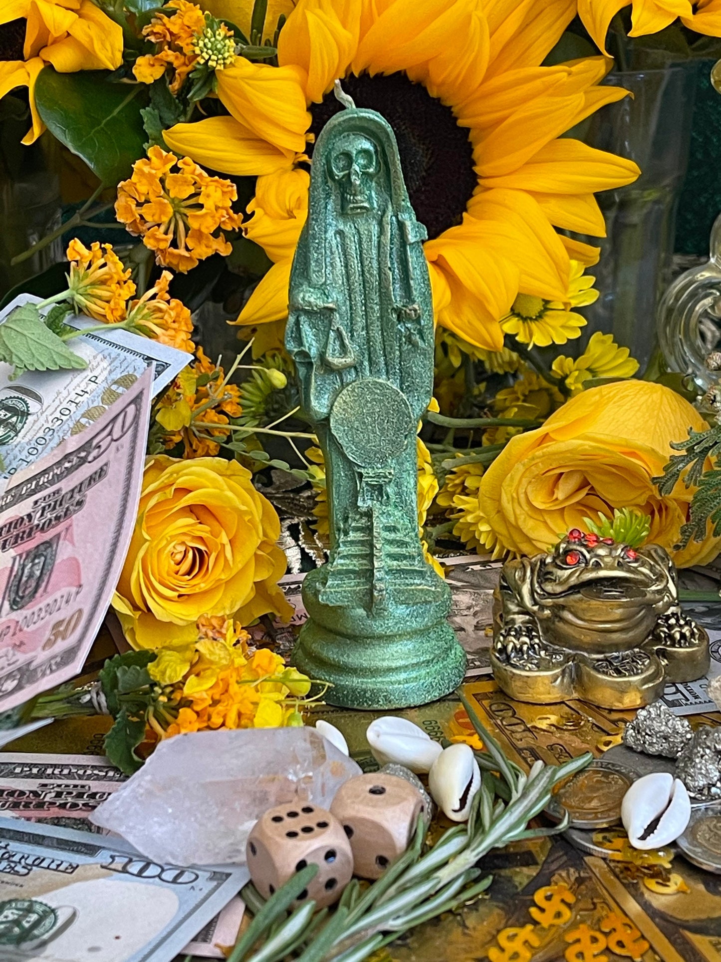 Santa Muerte Verde Figure Candle + Green + Money + Legal Issues + Justice