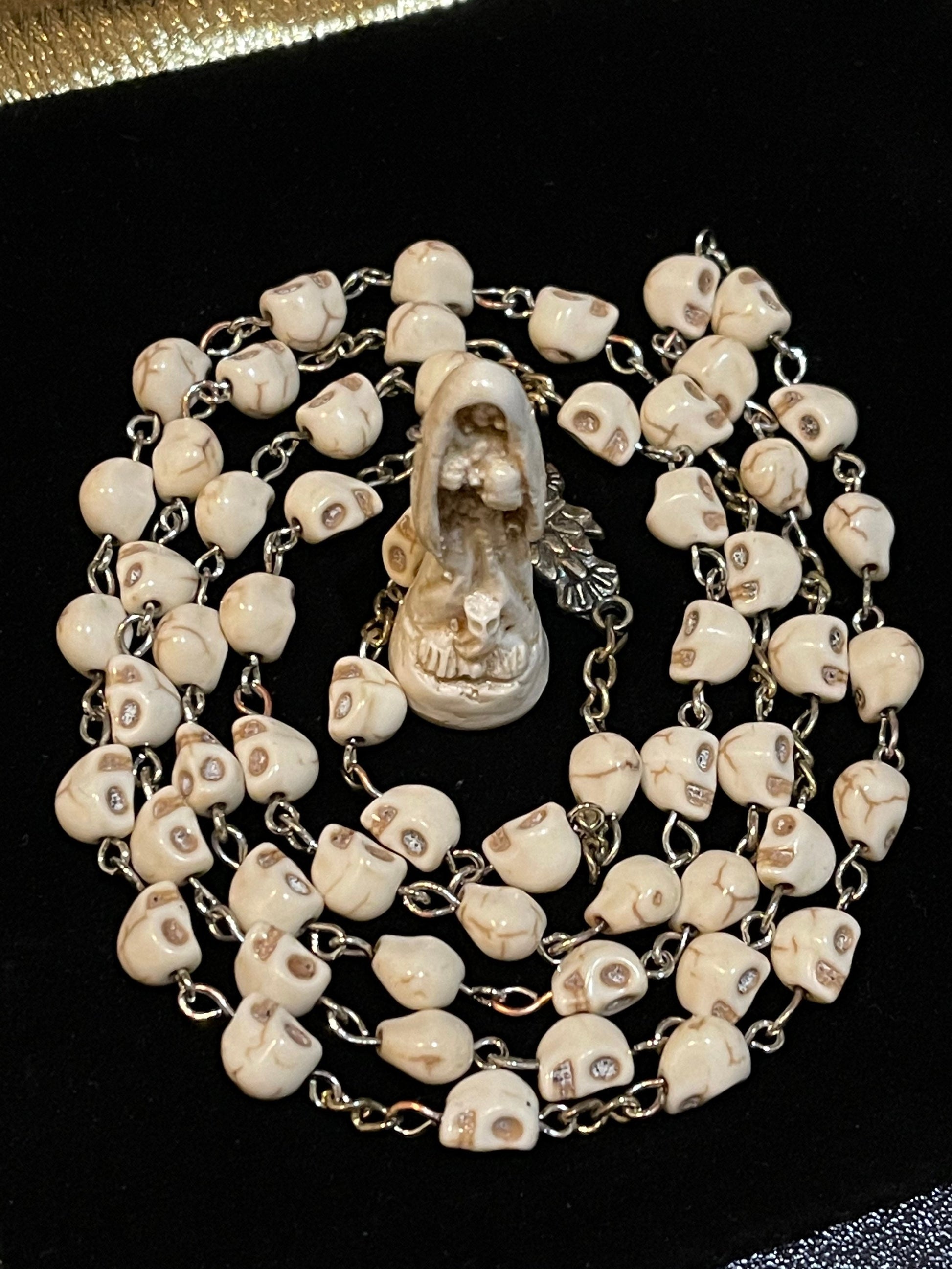 Santa Muerte Hueso (Bone) Rosary + Sterling Silver Plated Chain + Handcrafted + Blessed + Rosario