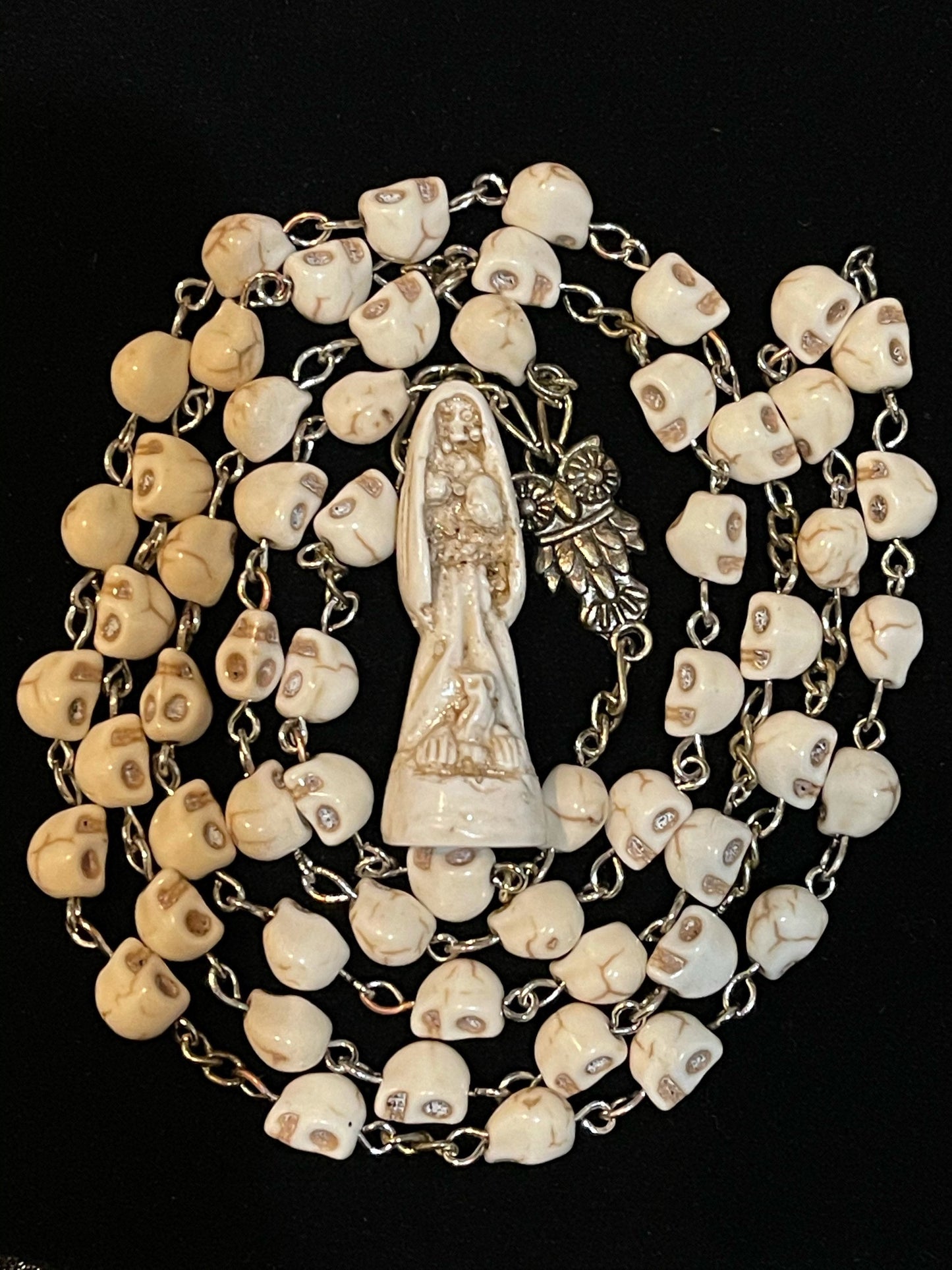 Santa Muerte Hueso (Bone) Rosary + Sterling Silver Plated Chain + Handcrafted + Blessed + Rosario