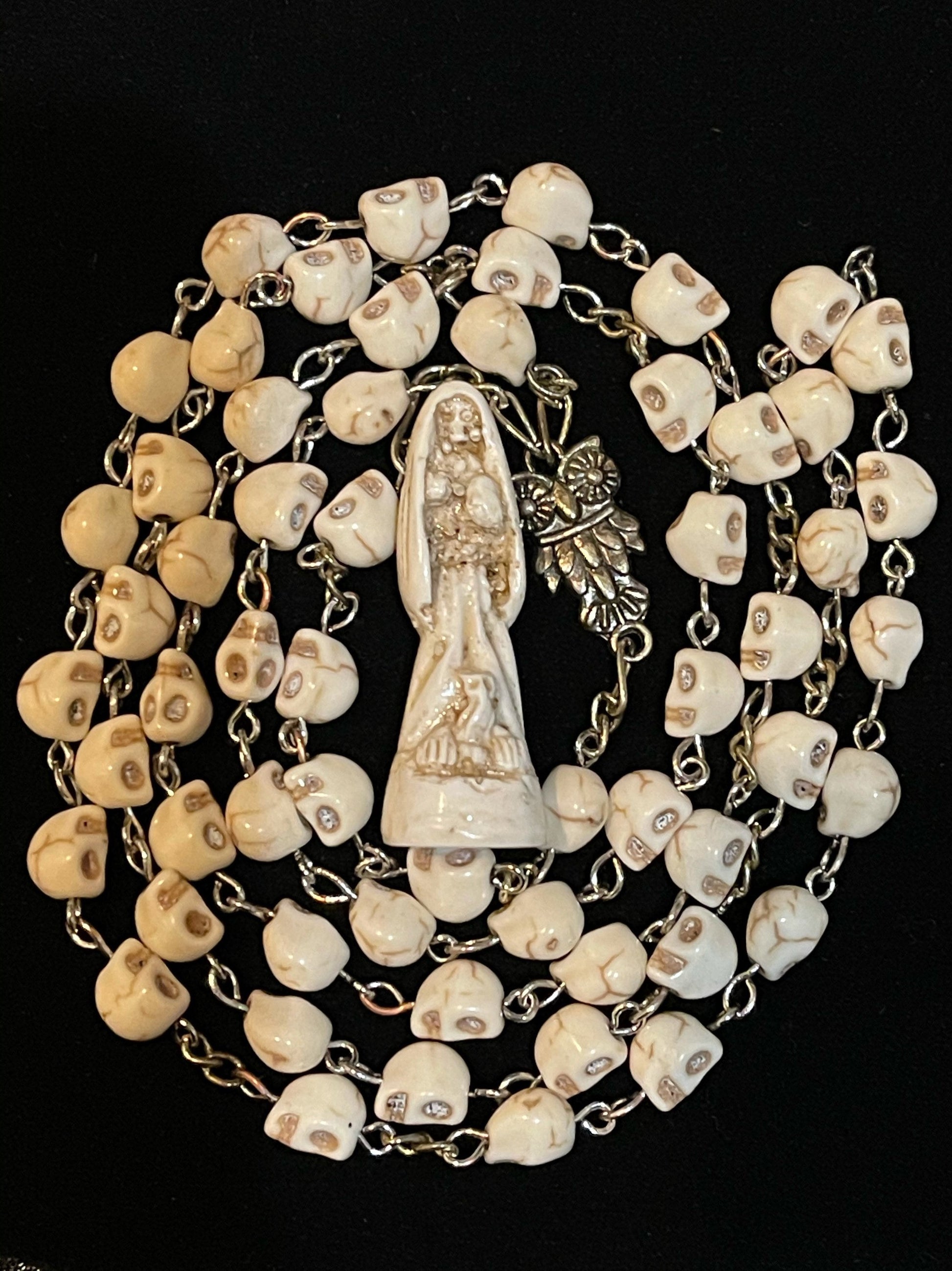 Santa Muerte Hueso (Bone) Rosary + Sterling Silver Plated Chain + Handcrafted + Blessed + Rosario